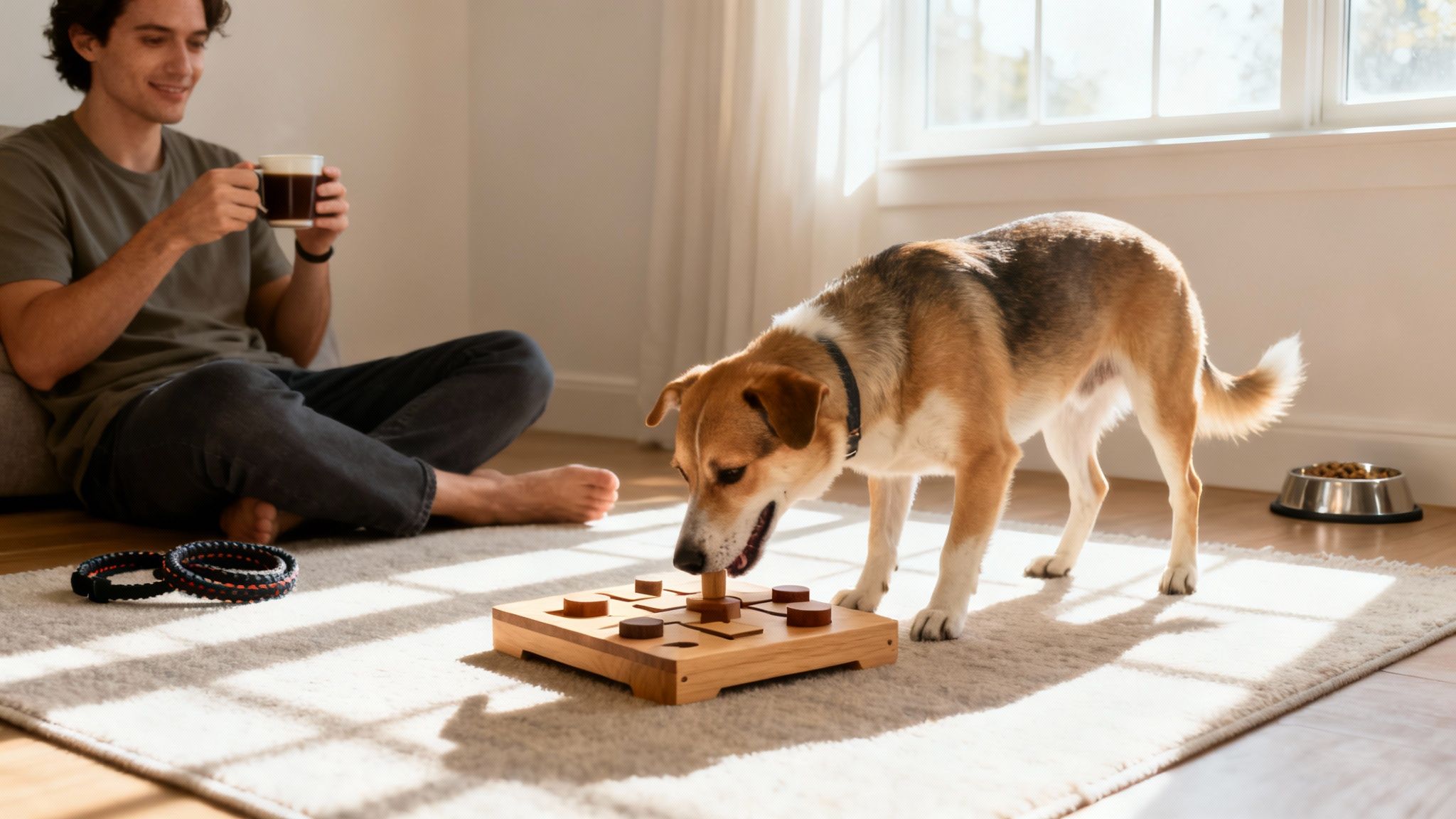 Smiling man sips coffee while his dog engages with a puzzle feeder on a light rug.