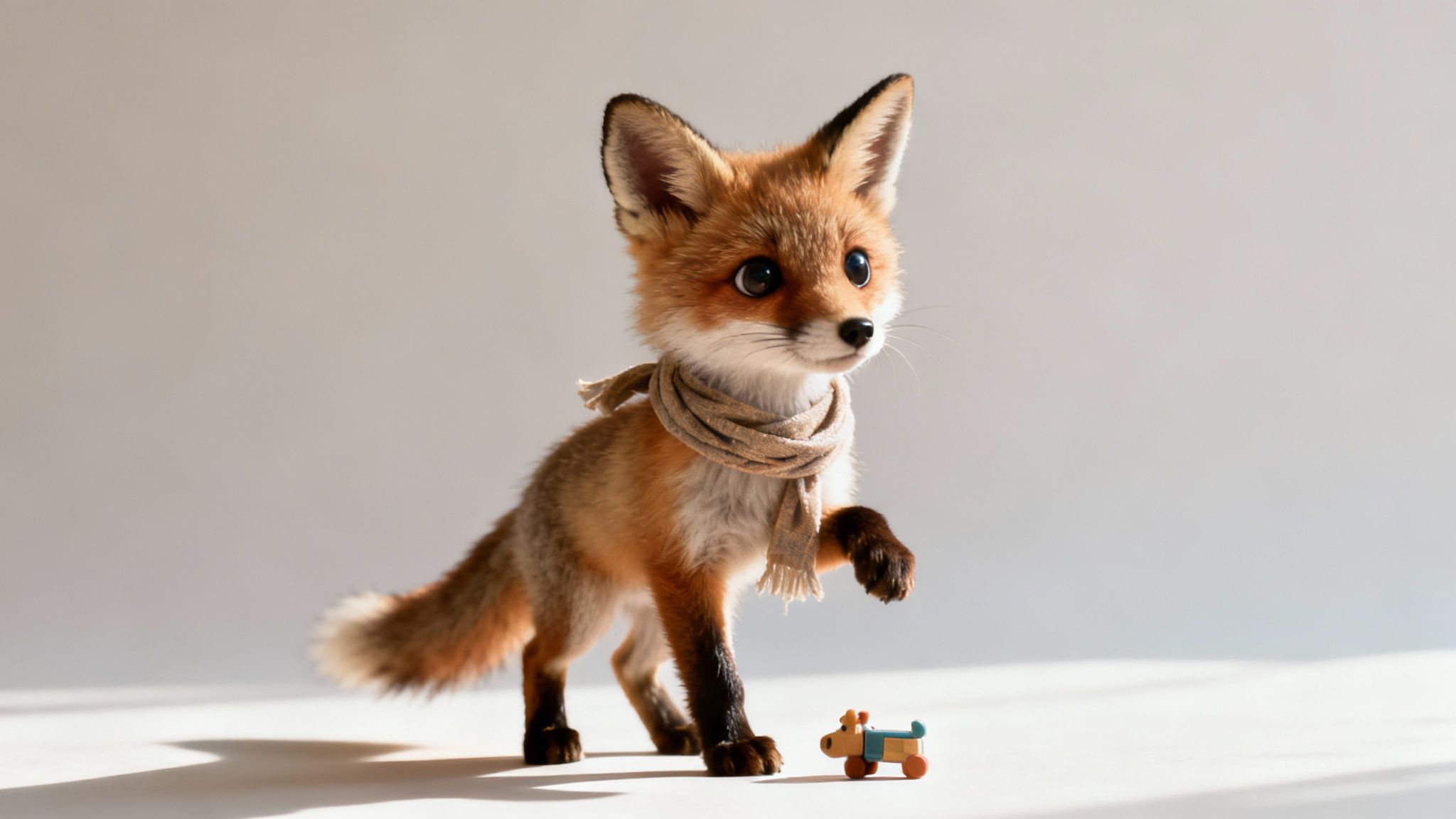 A cute, stylized fox with a scarf looking at a small wooden toy on a plain background.