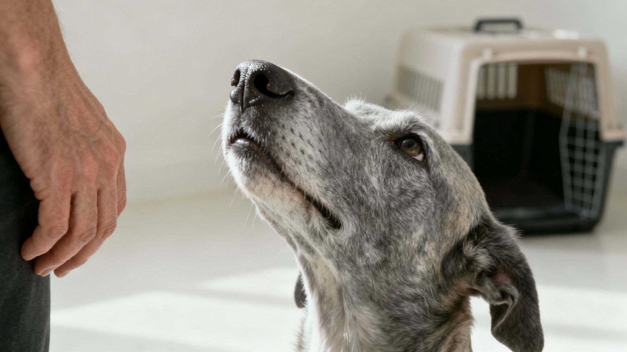 A happy older dog sitting comfortably in a crate with a soft blanket.