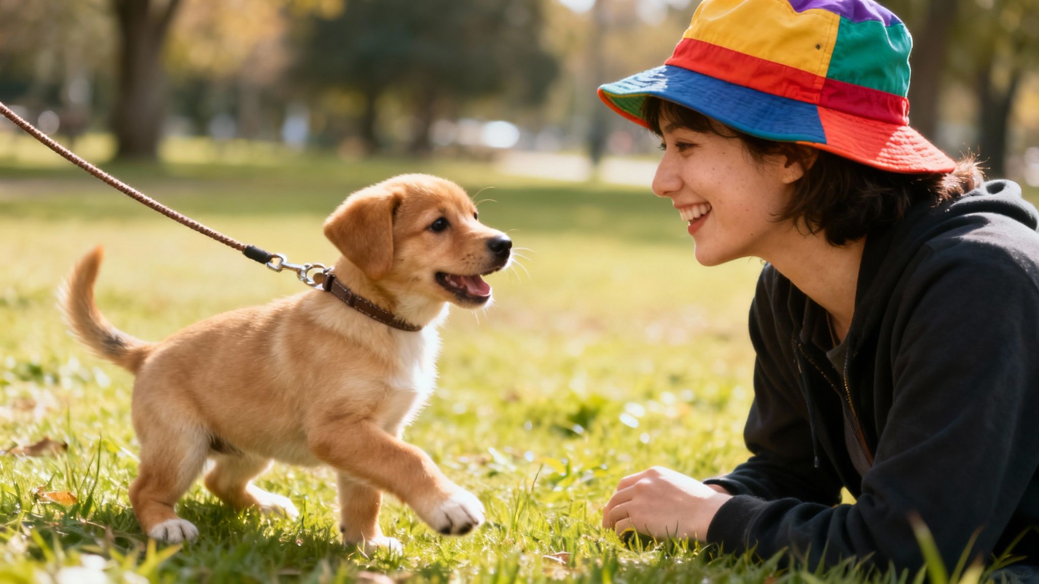 A fluffy Samoyed puppy looking happy while being gently held by a person.