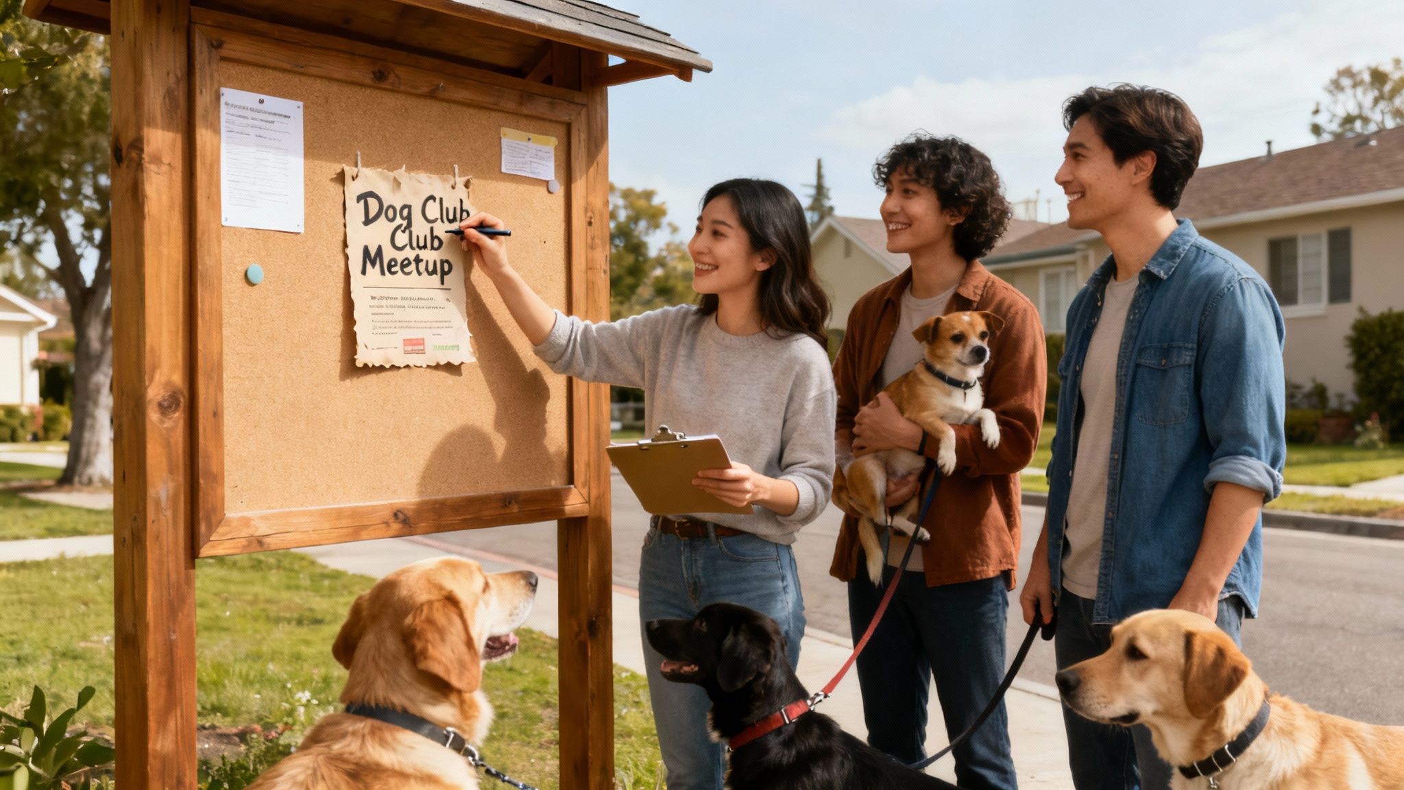 A smiling person kneeling on the grass, surrounded by several happy dogs.