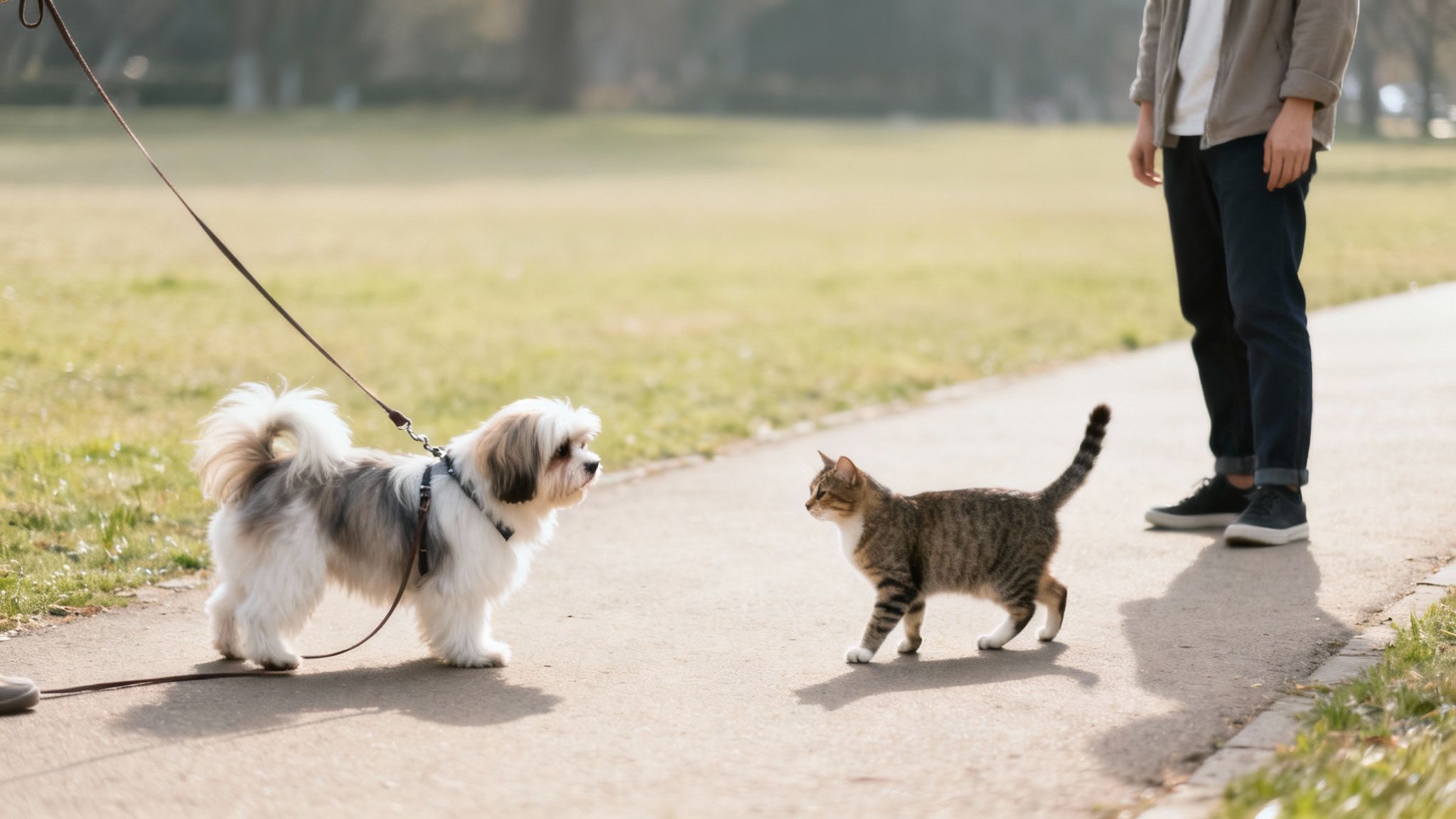 A small fluffy dog on a leash meeting a tabby cat on a park path with a person nearby.