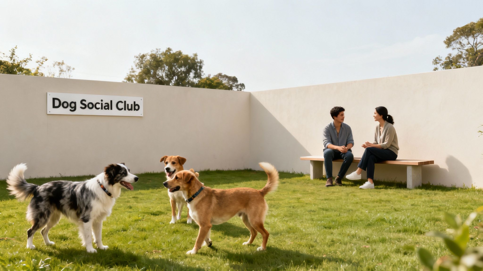 A group of happy dogs of various breeds playing together outdoors in a sunny park.