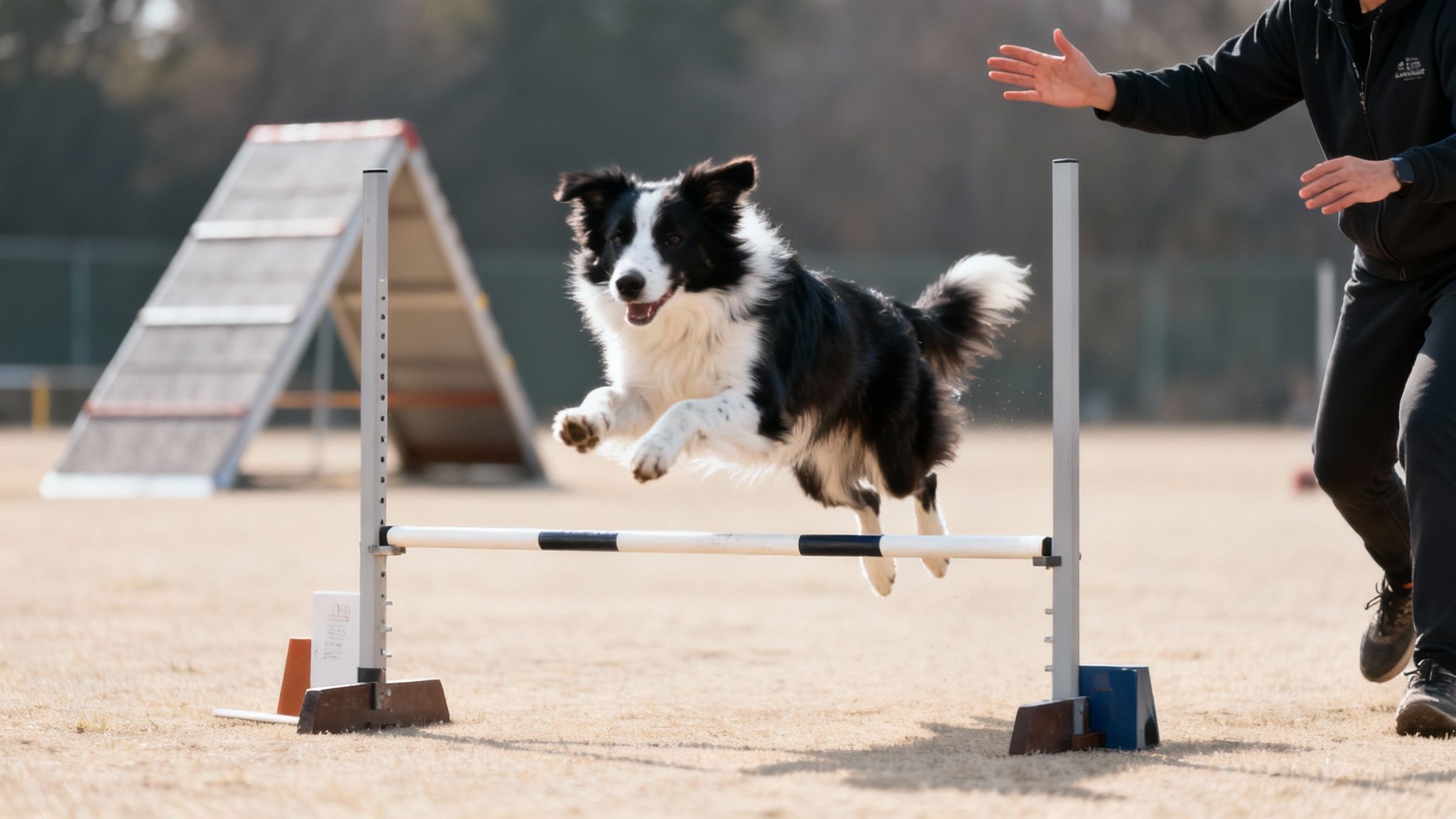 A black and white Border Collie dog jumps over an agility hurdle with a handler on a sunny day.