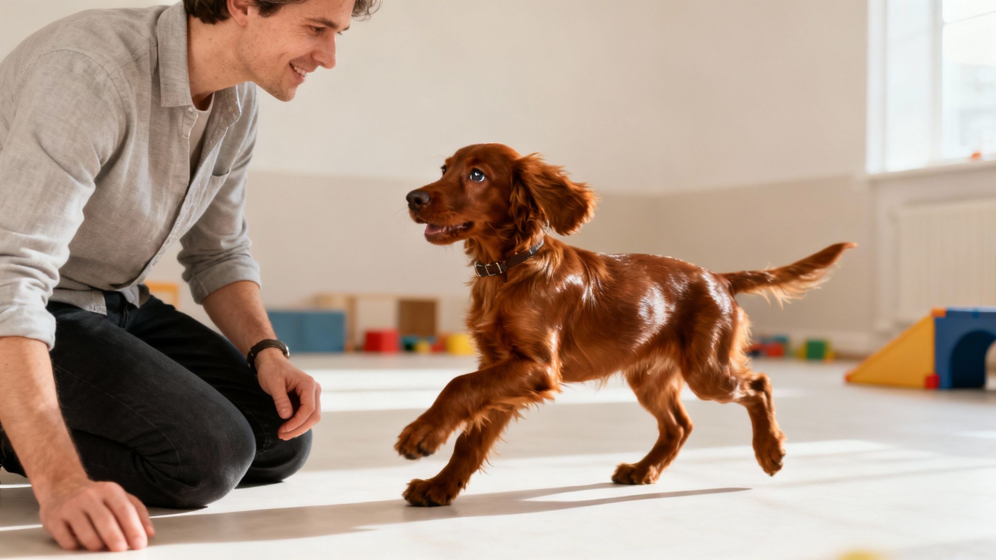 A litter of adorable Irish Setter puppies playing together in a grassy area.