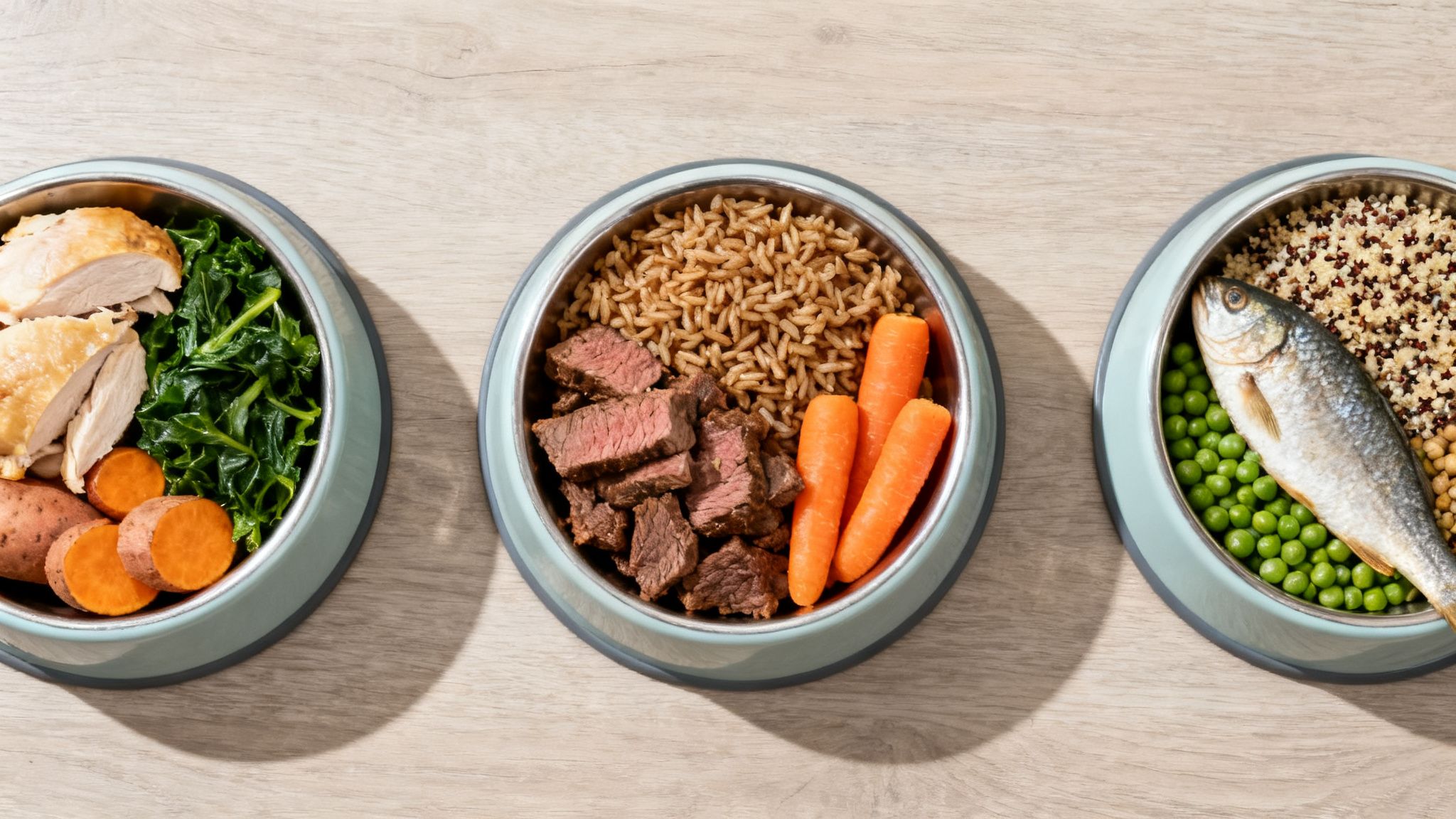 Three dog bowls filled with balanced homemade meals featuring chicken, beef, fish, vegetables, and grains.