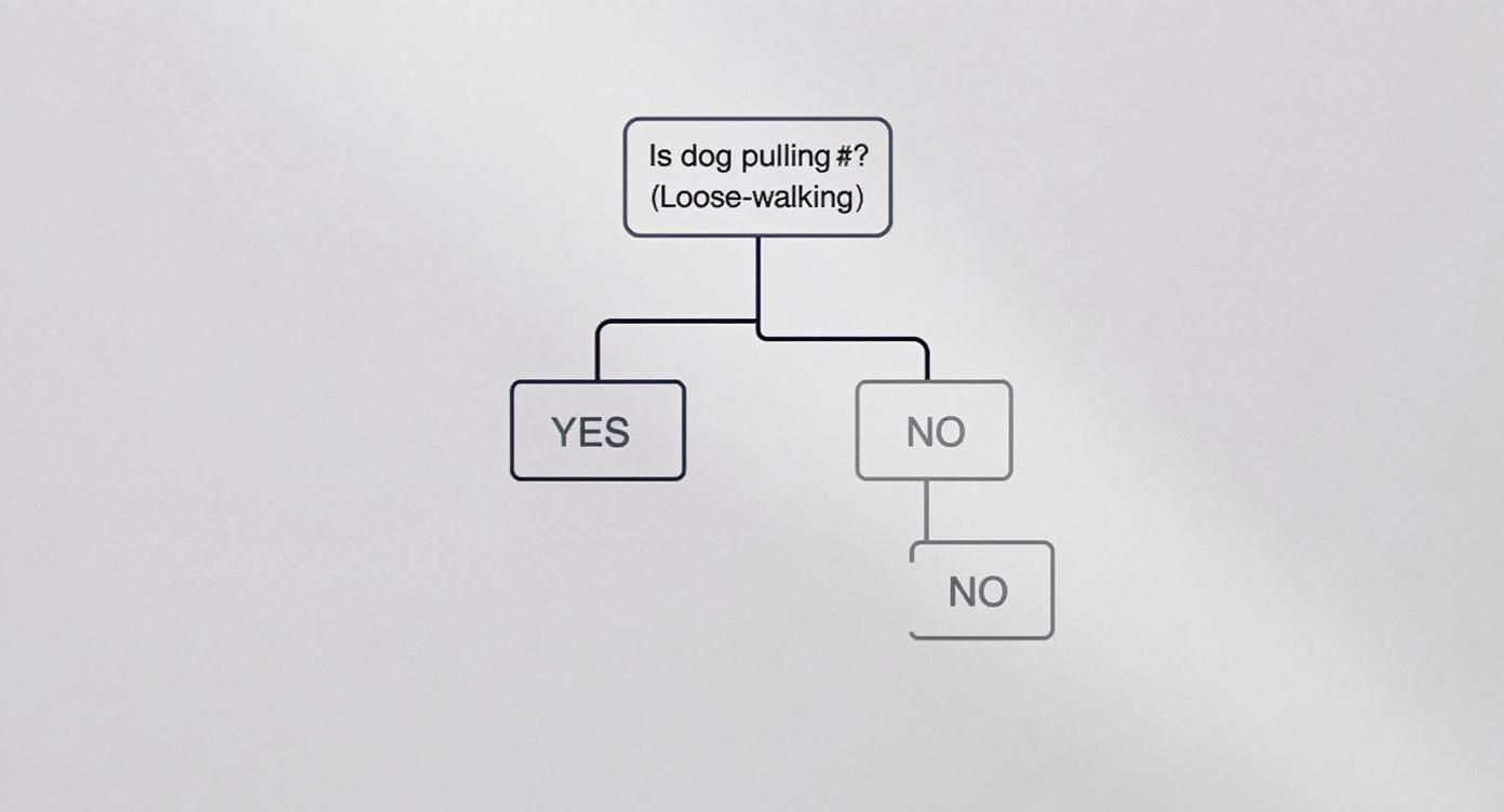Flowchart illustrating dog loose-walking with a question 'Is dog pulling #' and two 'NO' outcomes.