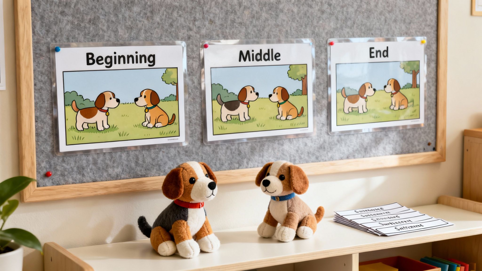A literacy center with sequencing cards showing a dog story, two plush dog toys, and papers.