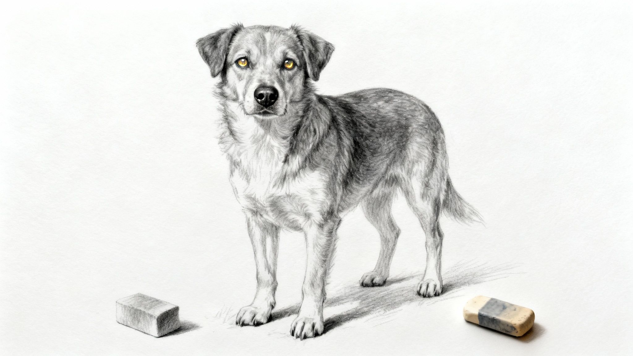 A detailed drawing showing how to add fur texture and facial features to a dog sketch.