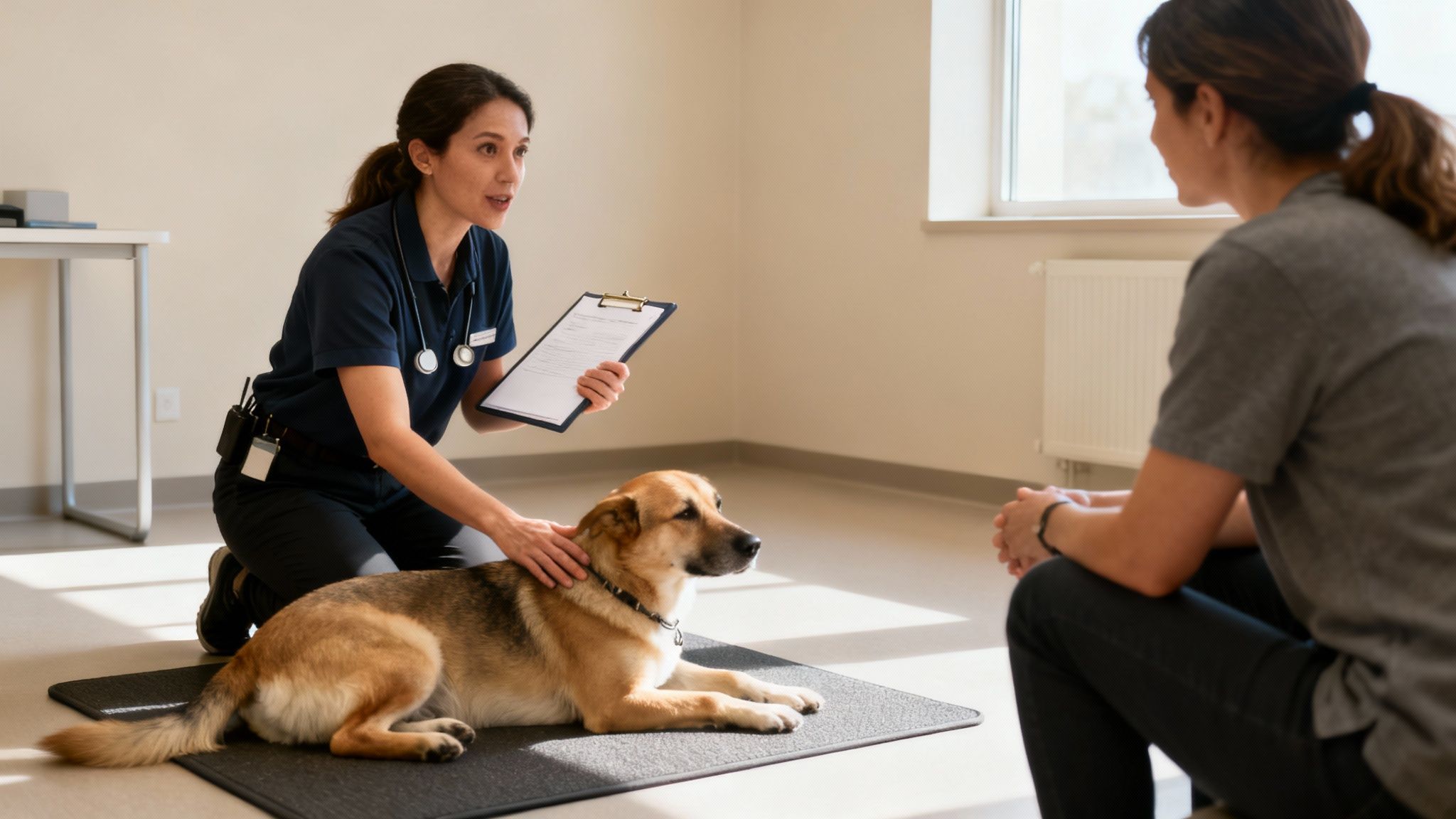 A female veterinarian talks to a pet owner while gently petting their dog during a consultation.