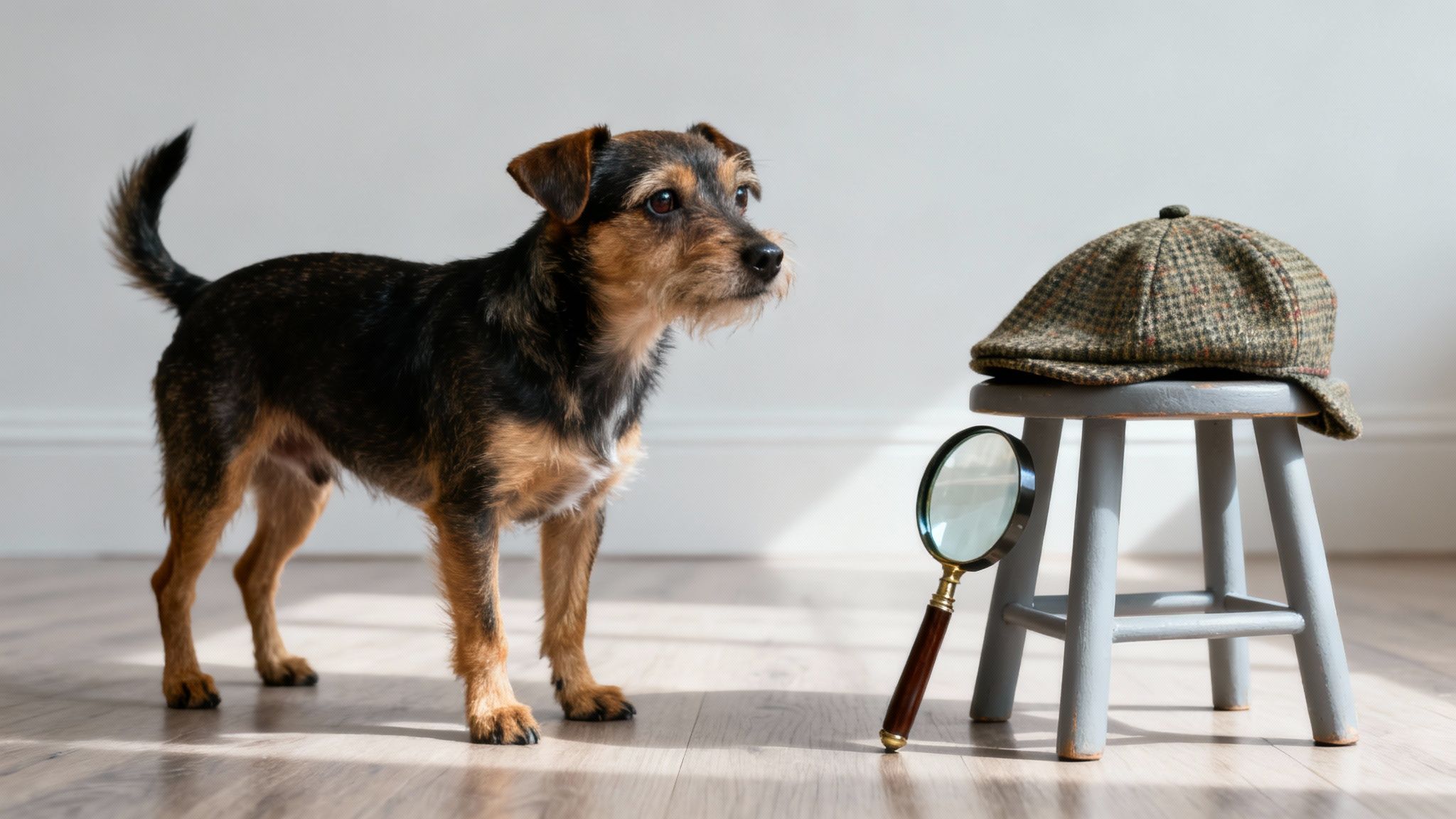 A small terrier dog looks intently at a detective's tweed cap and magnifying glass on a stool.