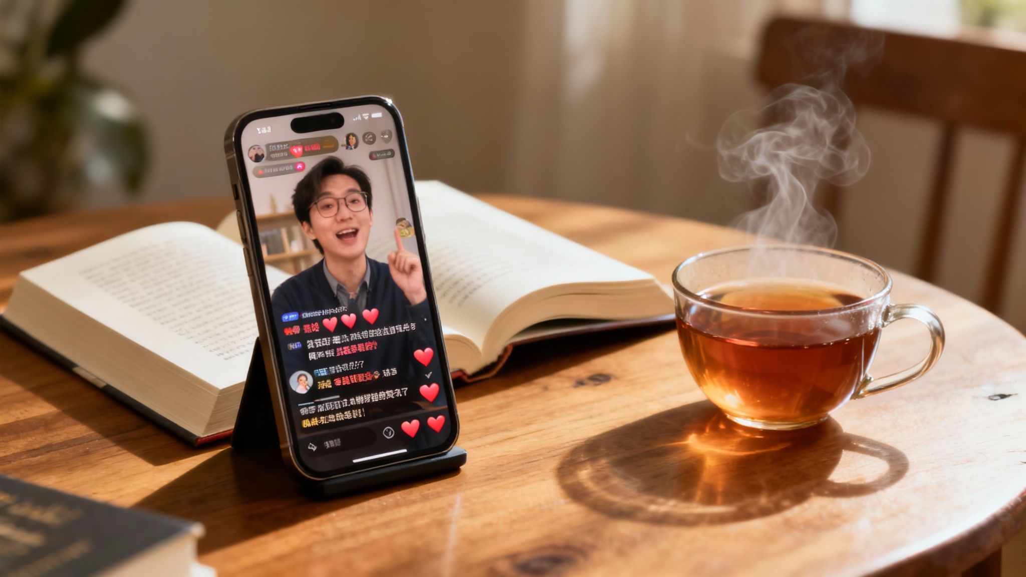 A person's hands holding a mug with a heart on it, with a laptop in the background showing a social media feed with comments and likes.