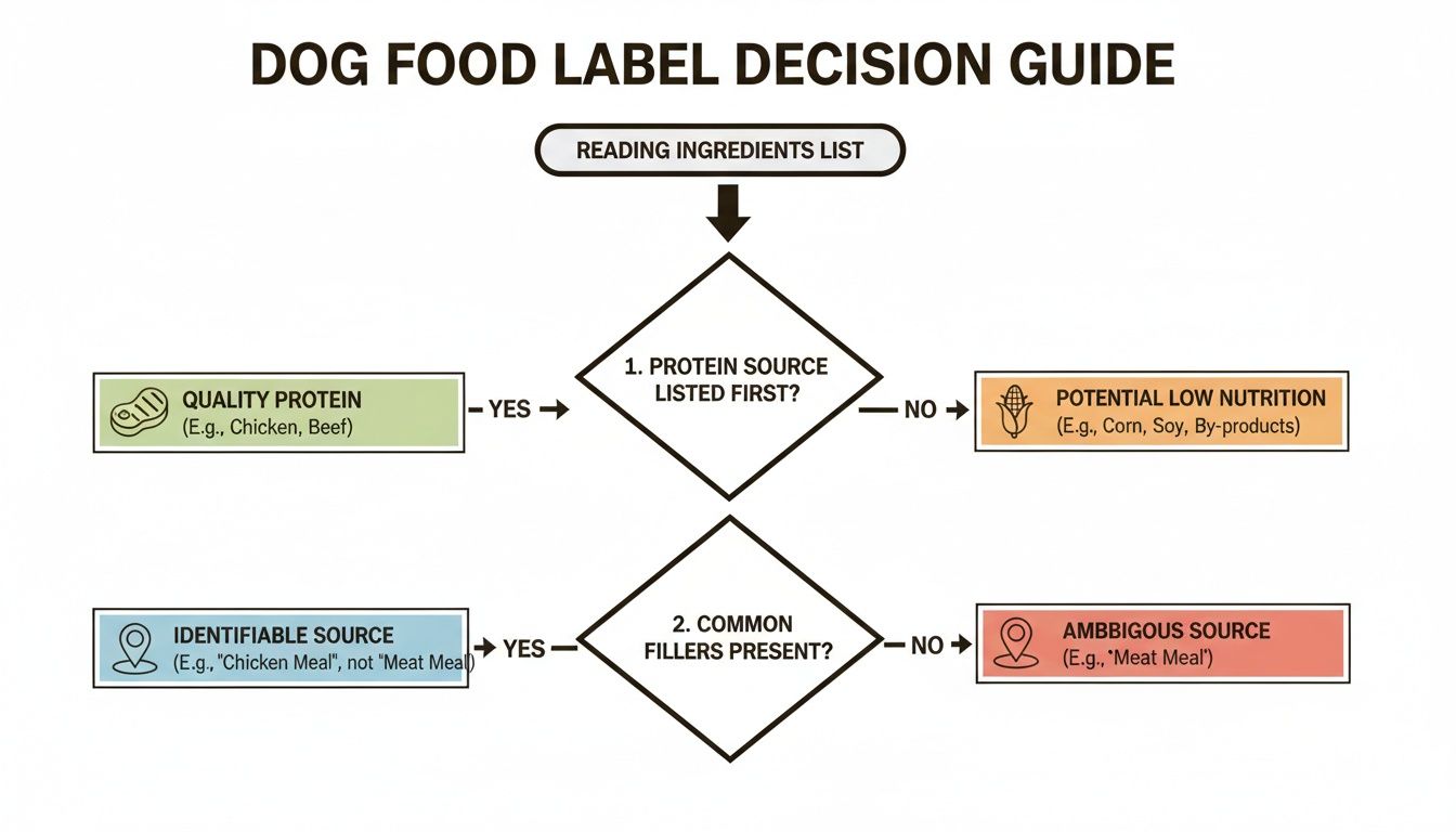 Decision guide flowchart for reading dog food labels, evaluating protein sources and common fillers.