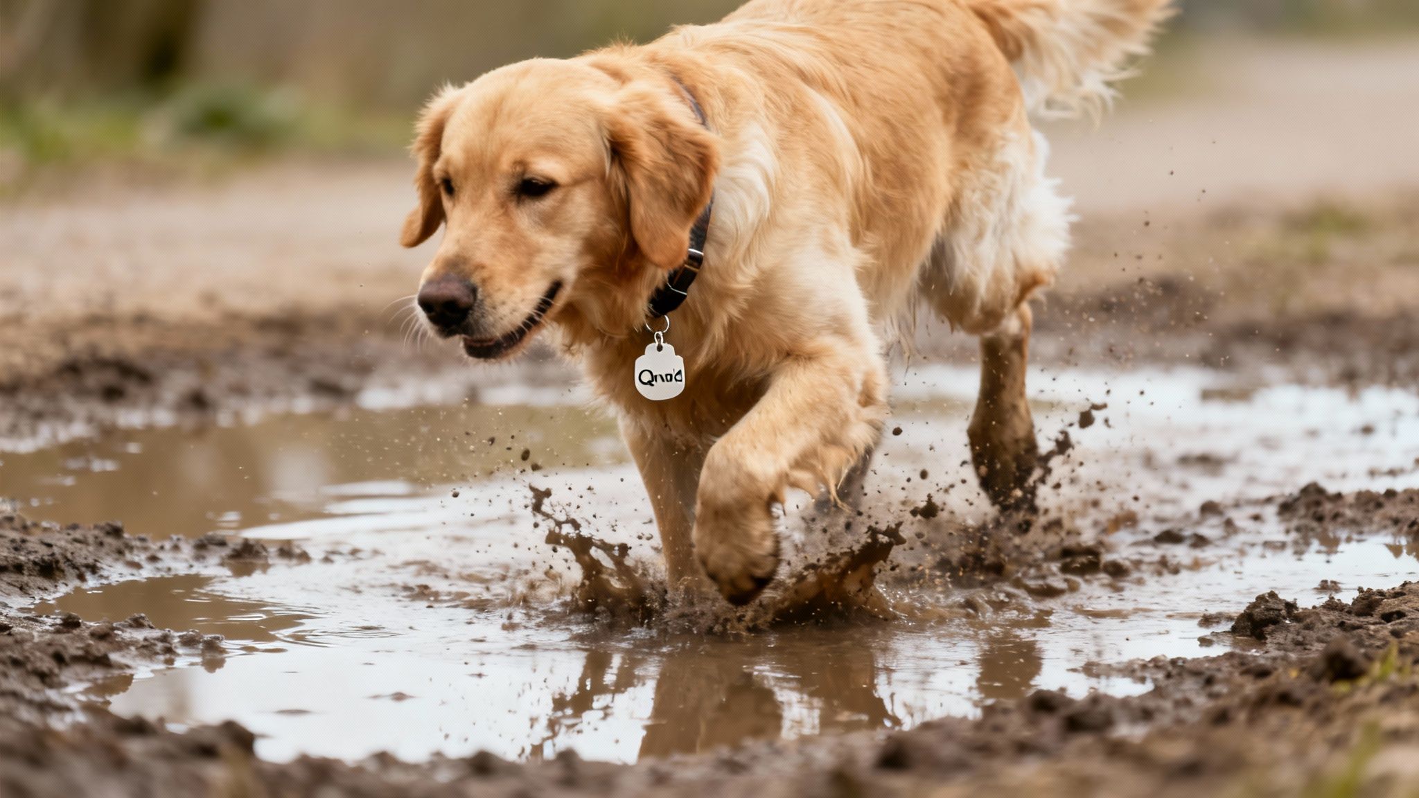 A dog wearing the Qnode tag on its collar, looking happy and active outdoors.