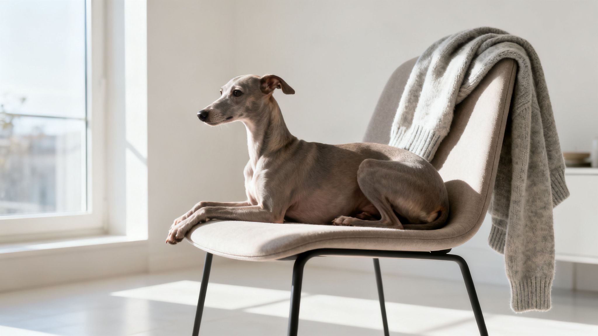 An elegant Italian Greyhound dog lies on a light-colored chair with a blanket, looking out a bright window.