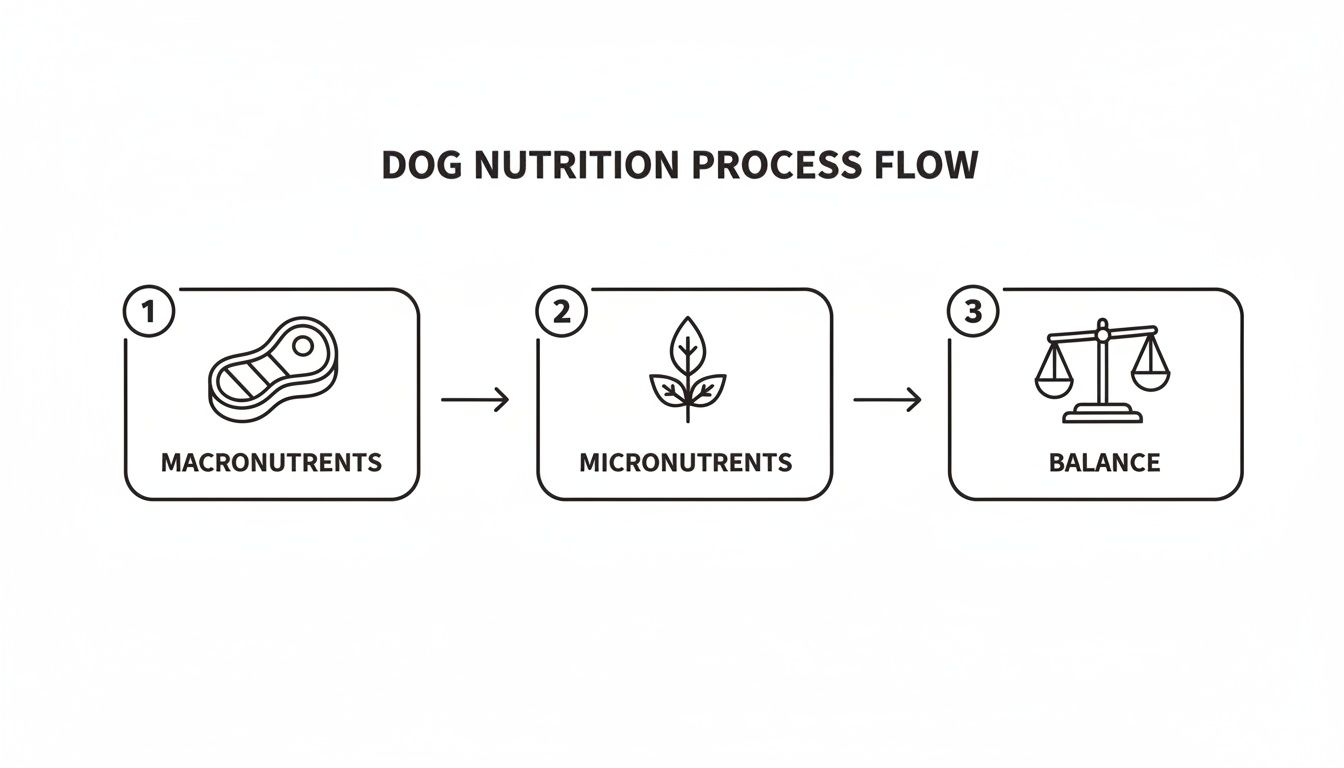 A diagram showing the dog nutrition process flow: Macronutrients, Micronutrients, and Balance.