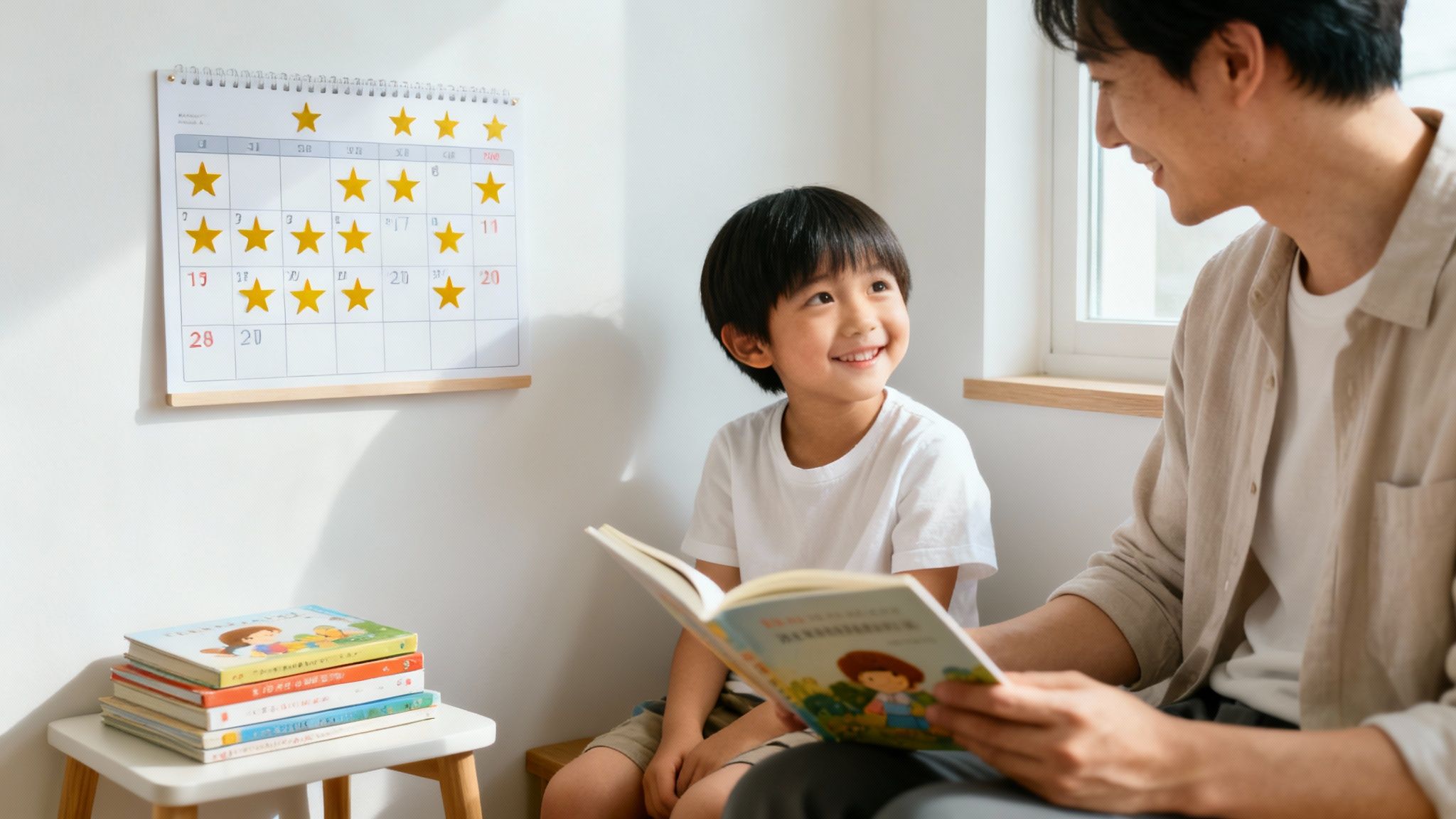 A smiling boy and his father read a book together, with a star chart calendar on the wall.