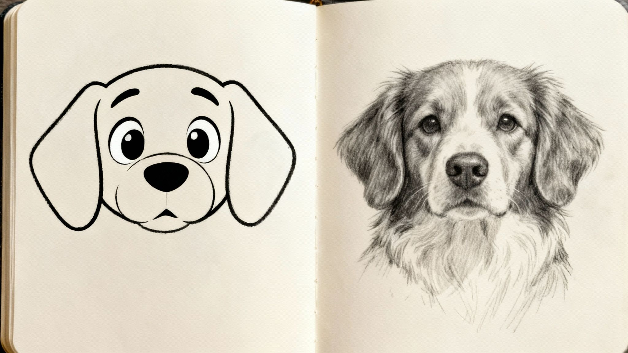 An open notebook displays two dog head drawings: a cartoon on the left and a realistic pencil sketch on the right.