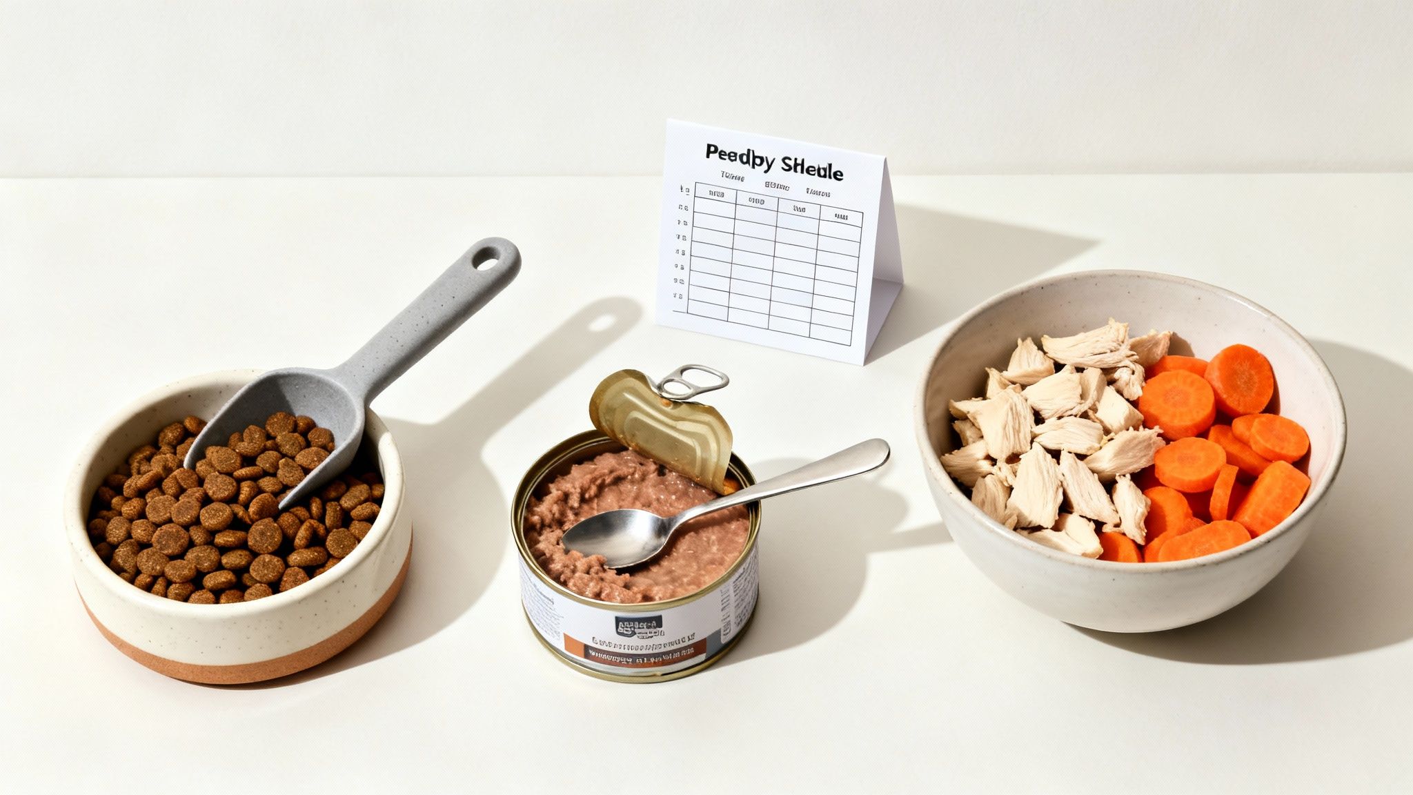 A person scoops dry kibble into a metal dog bowl next to a puppy.