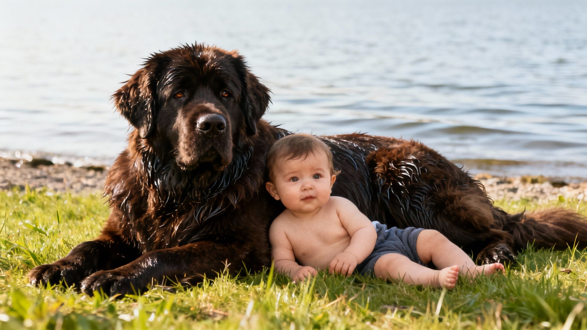 A large wet brown Newfoundland dog lies next to a baby on green grass by a lake.