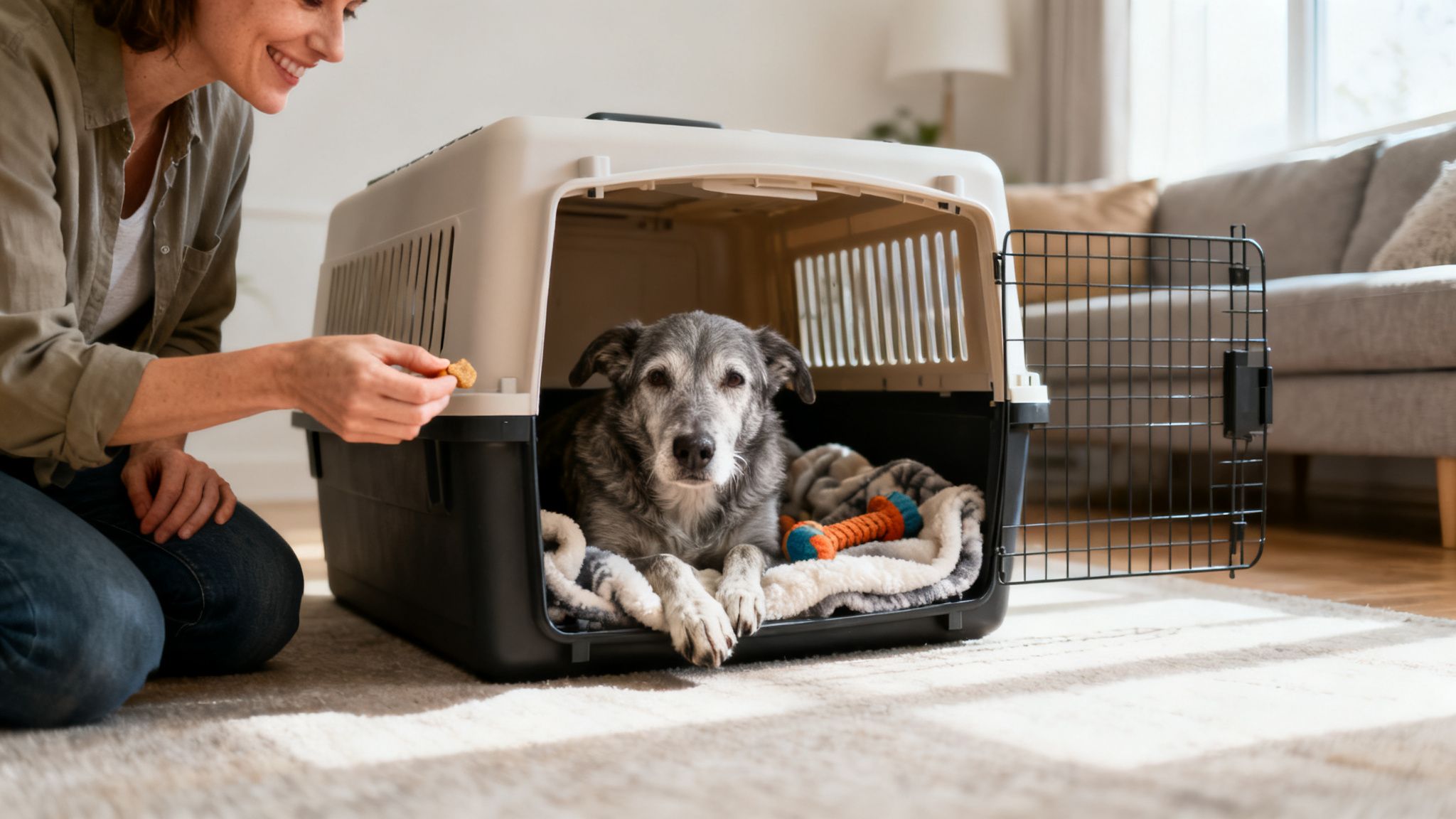 A smiling woman kneels, offering a treat to her senior dog relaxing comfortably inside an open pet crate.