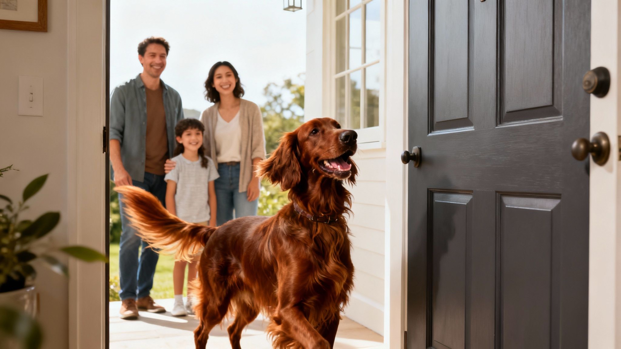 An Irish Setter joyfully greeting people with a wagging tail
