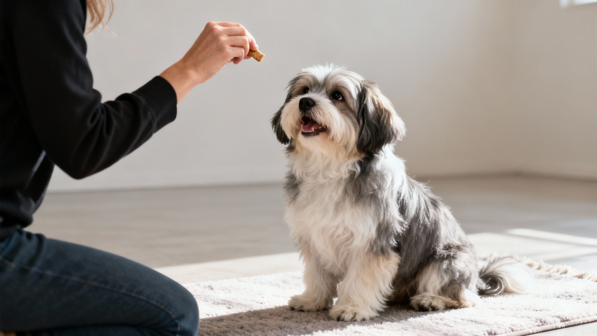 A person's hand offers a dog treat to an eager Havanese dog sitting on a rug.