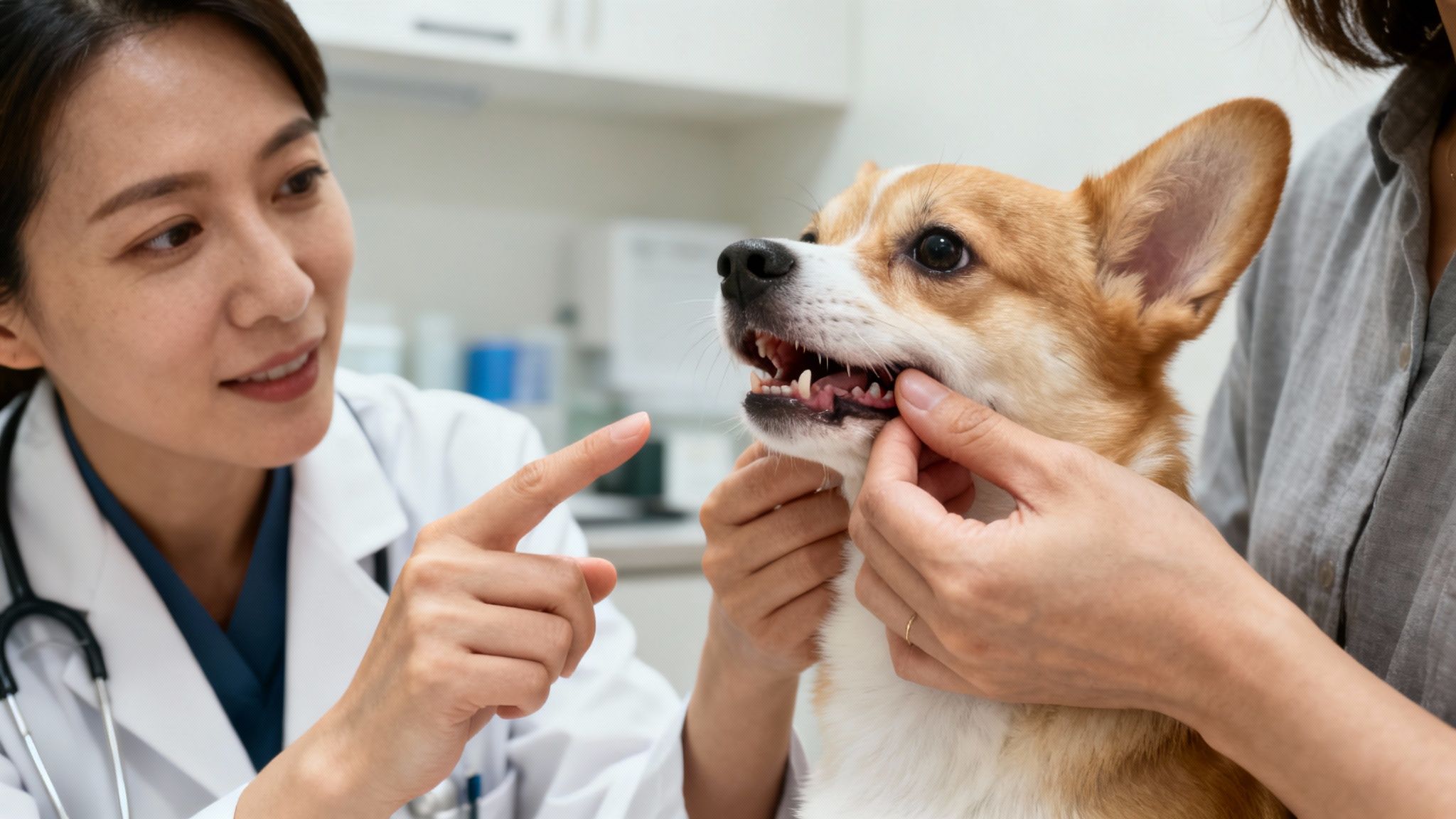 A smiling veterinarian examines a corgi's teeth with its owner during a routine dental check-up.