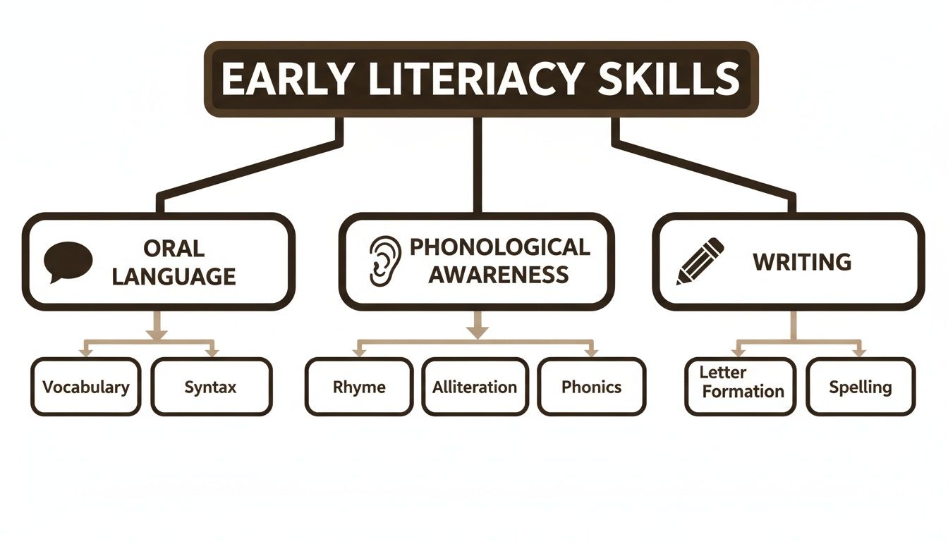 Diagram illustrating early literacy skills, detailing components like oral language, phonological awareness, and writing with their sub-skills.