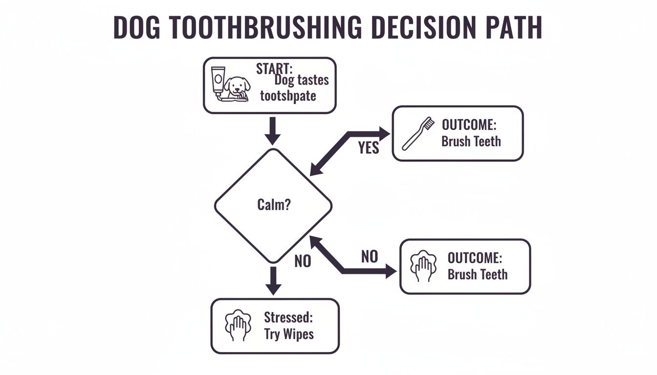 A flowchart showing a dog toothbrushing decision path: taste toothpaste, check calm, then brush teeth or try wipes.