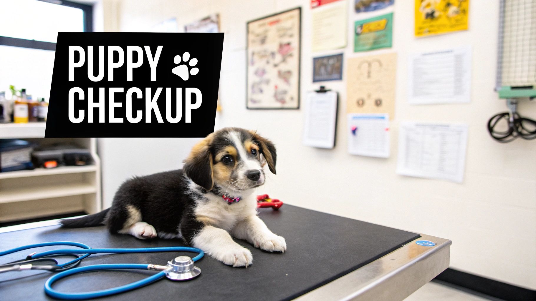 A fluffy white puppy getting a gentle check-up at the vet