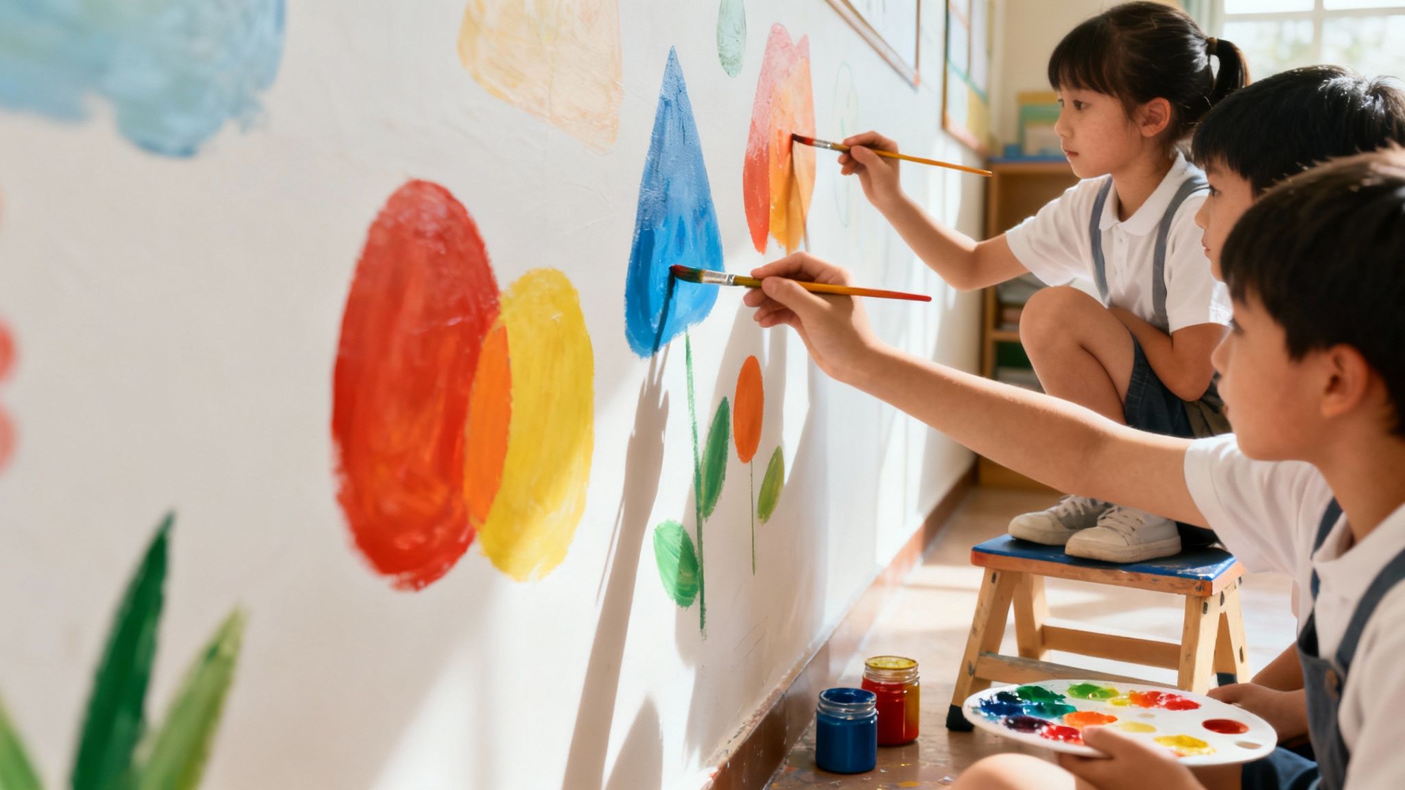 Three diverse children happily paint colorful flowers and shapes on a classroom wall.