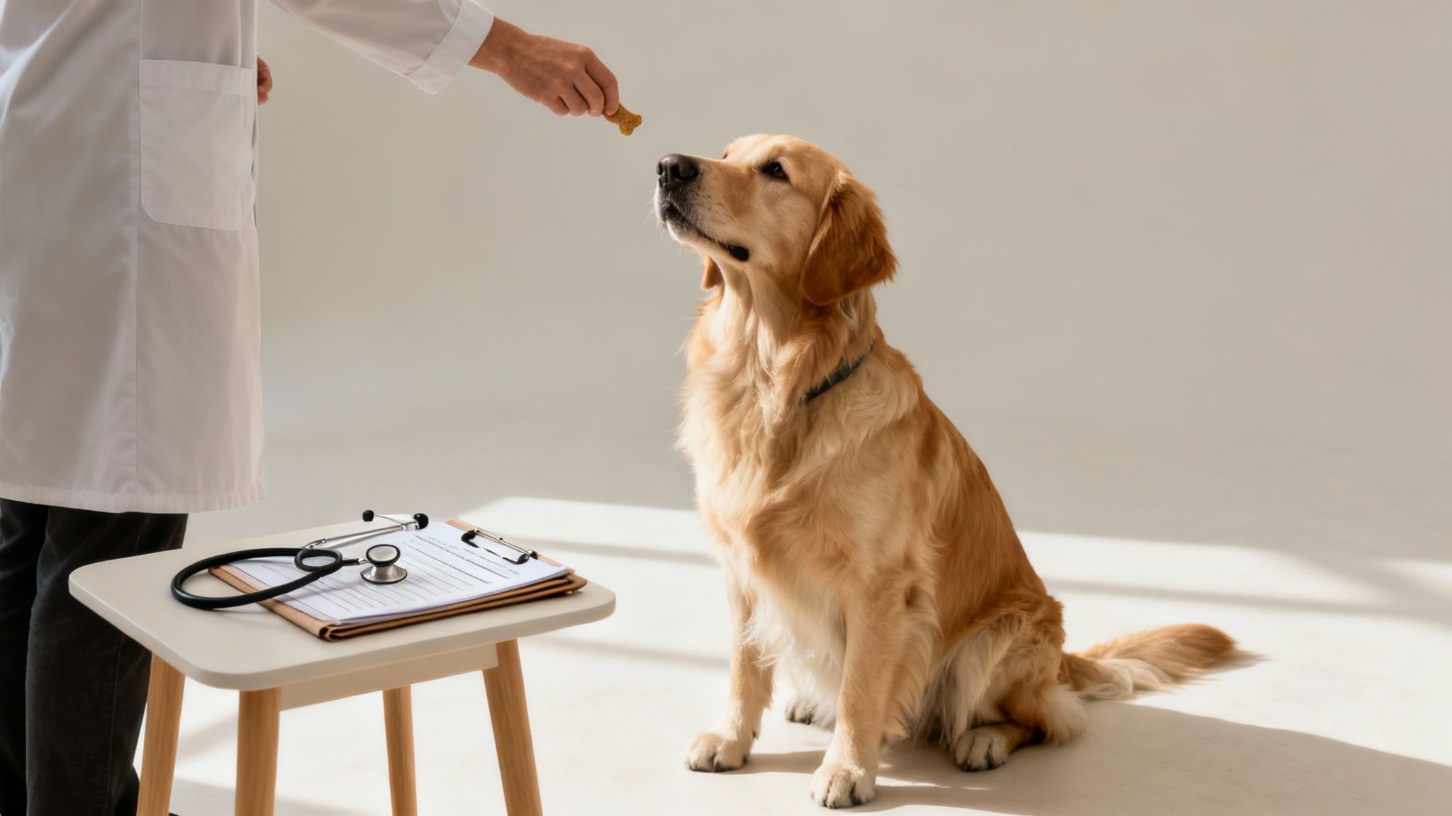 A vet gives a dog treat to a patiently sitting Golden Retriever in a modern veterinary clinic.