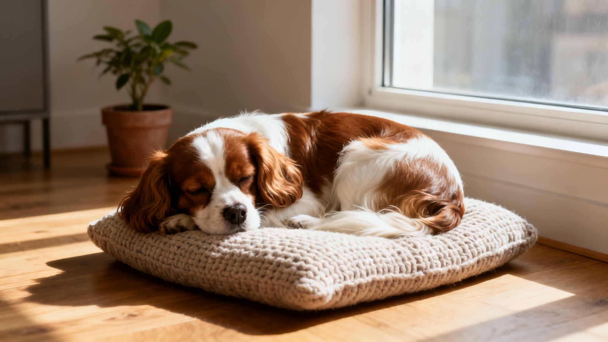 A cute Cavalier King Charles Spaniel dog sleeps soundly on a knitted cushion in a sunbeam.