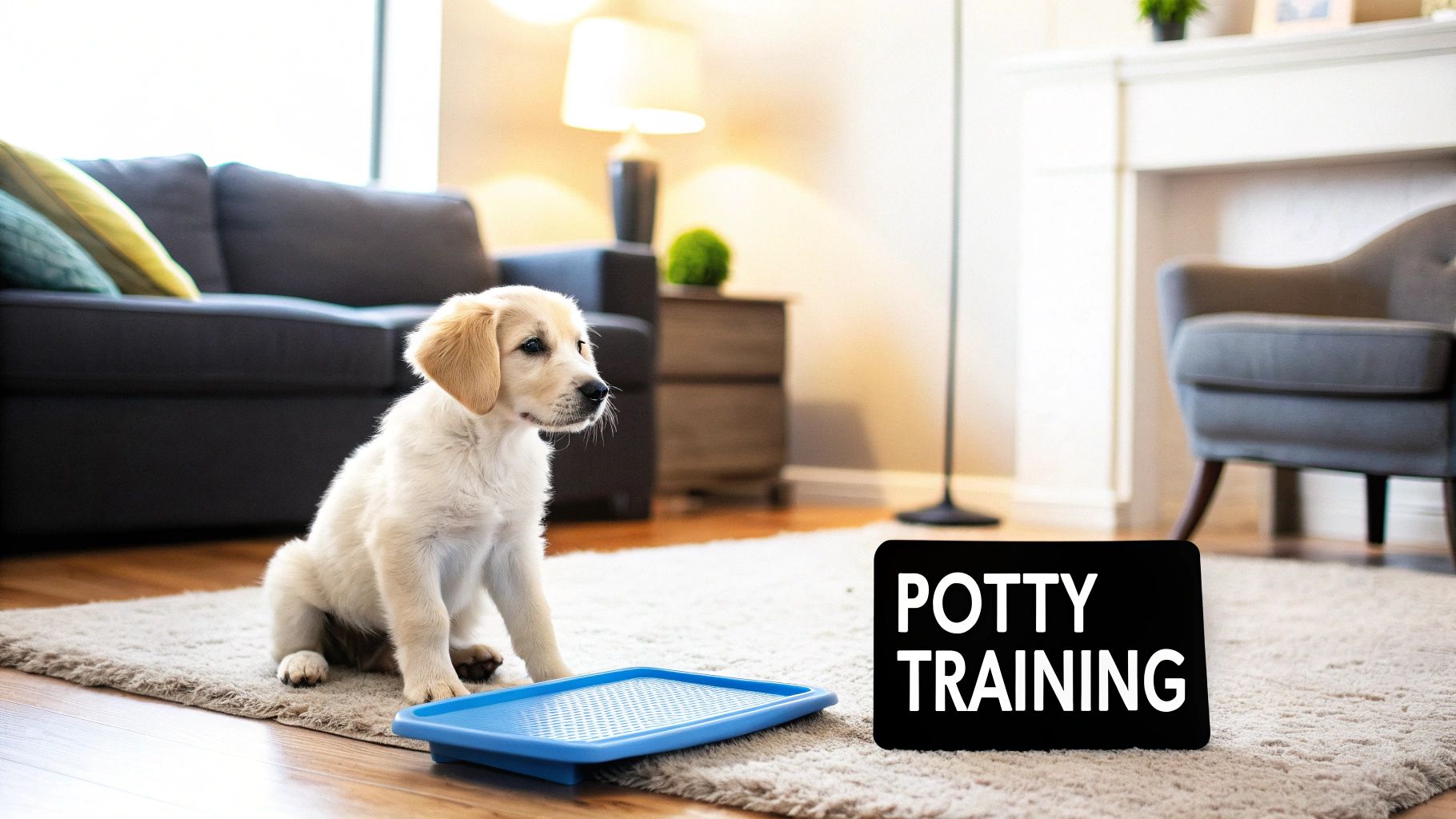 A person training their puppy to sit