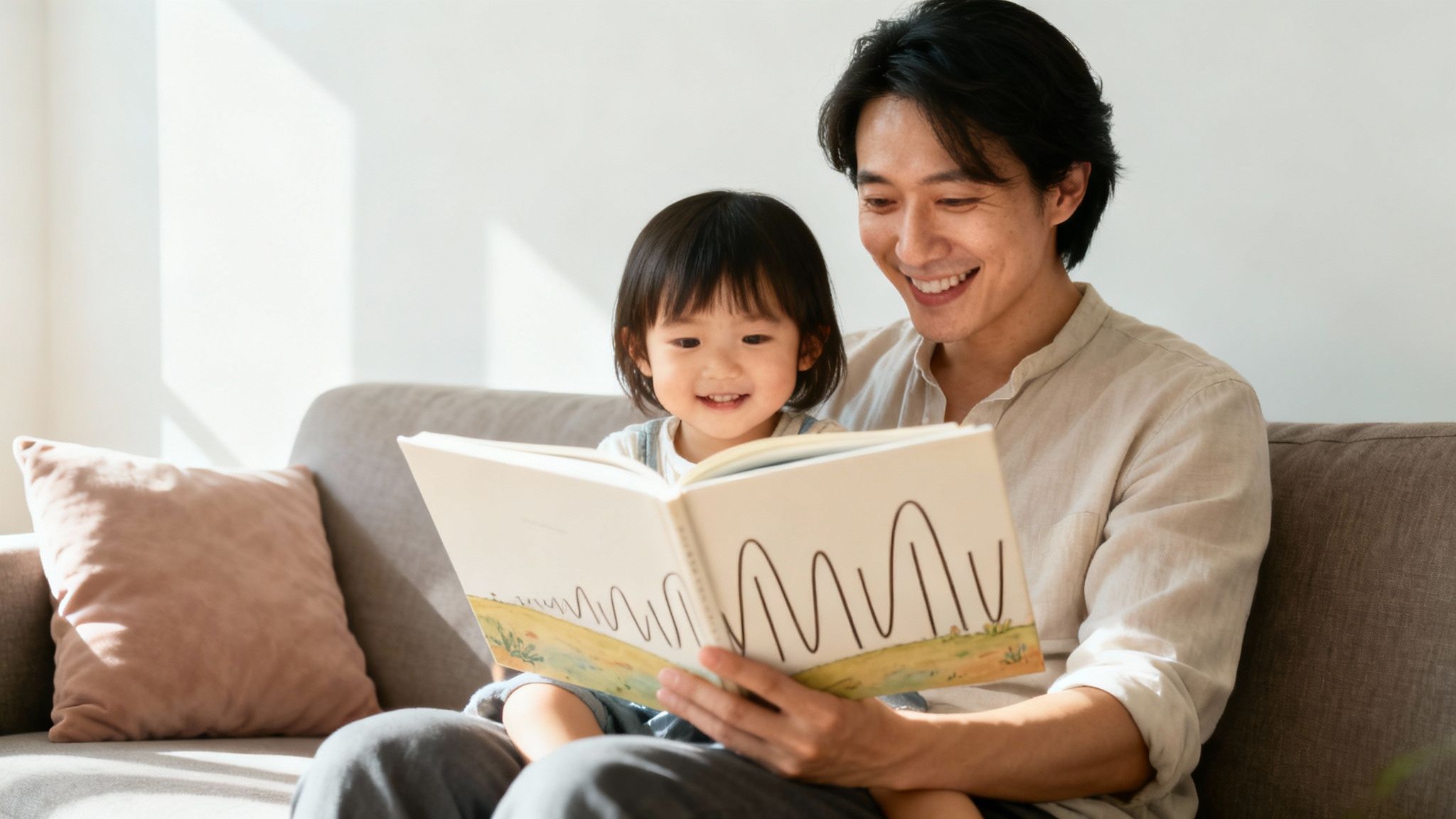 A smiling father and his young daughter happily read a picture book together on a couch.