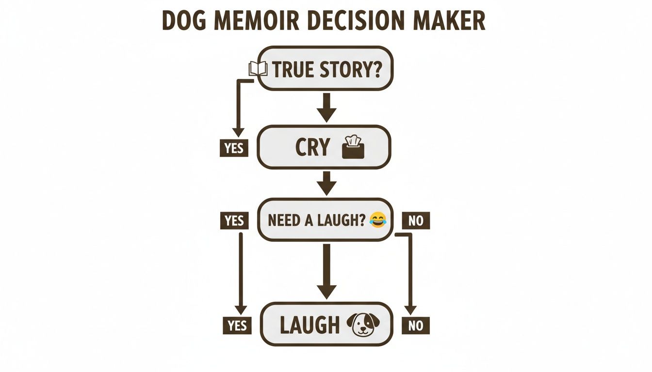 Flowchart illustrating dog memoir writing decisions: True Story, Cry, and Laugh options.