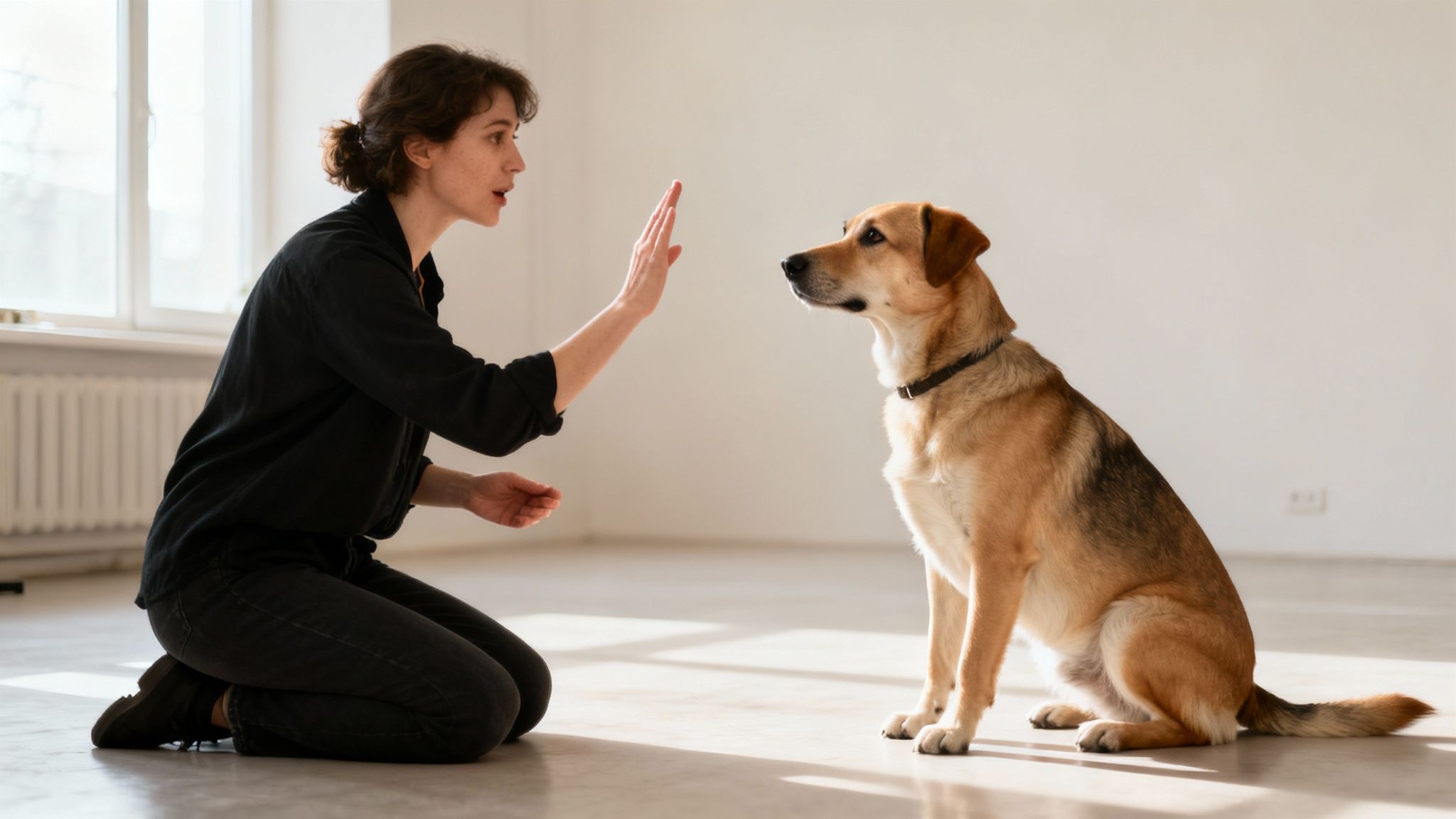 A woman and her dog sitting on a sunny patio, with the dog looking up attentively at her owner's face.