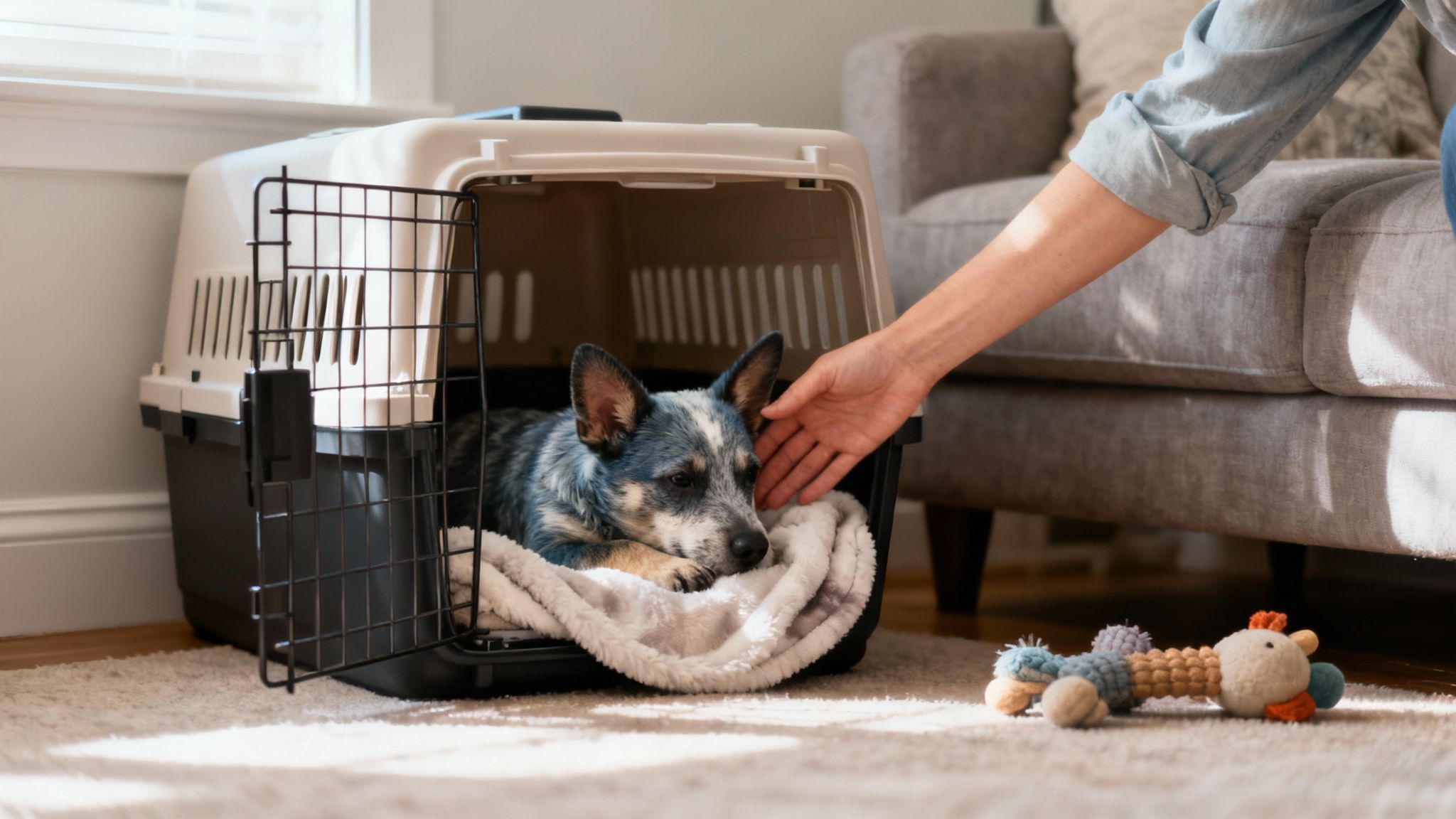 A blue heeler dog with a soft blanket in its crate is petted by a person.