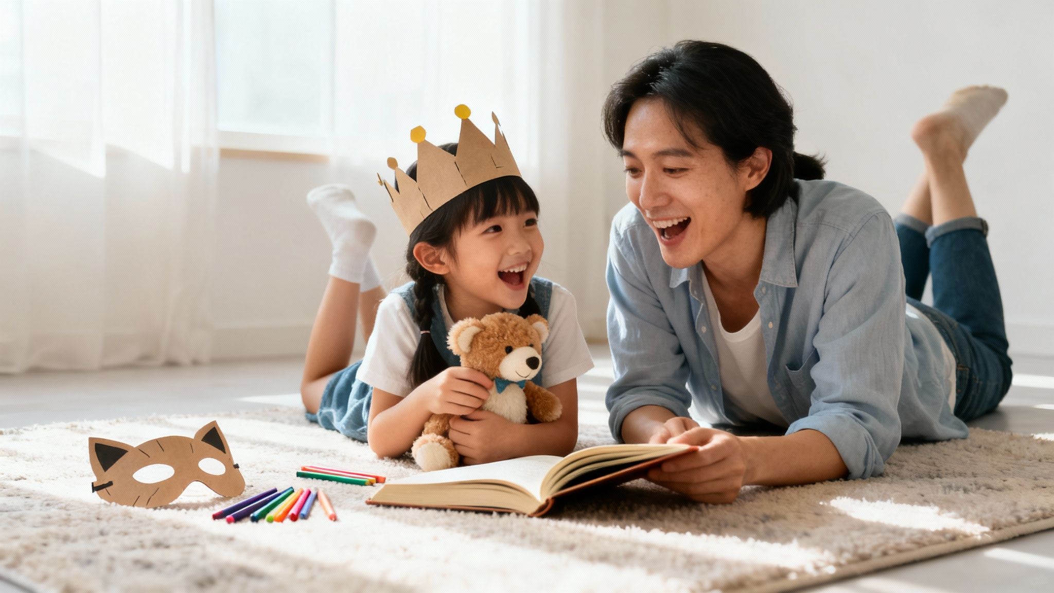 Happy father and daughter reading a book together on the floor, playing with a crown and teddy bear.