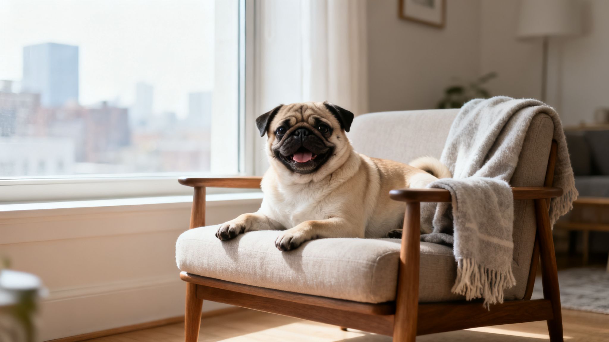 A happy fawn pug dog lies on a light armchair next to a window with a city view.