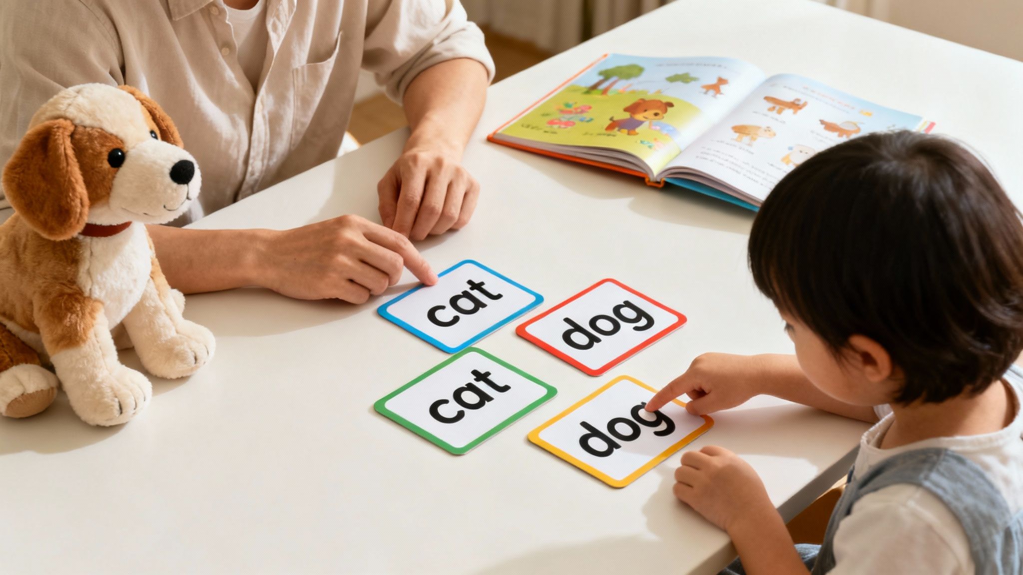 An adult and child learn to read with flashcards and a book, a stuffed dog sits nearby.