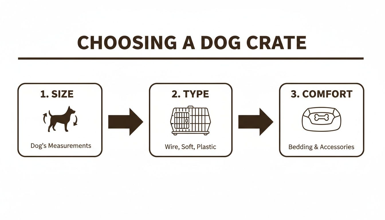 Infographic guiding dog owners to choose the right crate by considering size, type, and comfort.