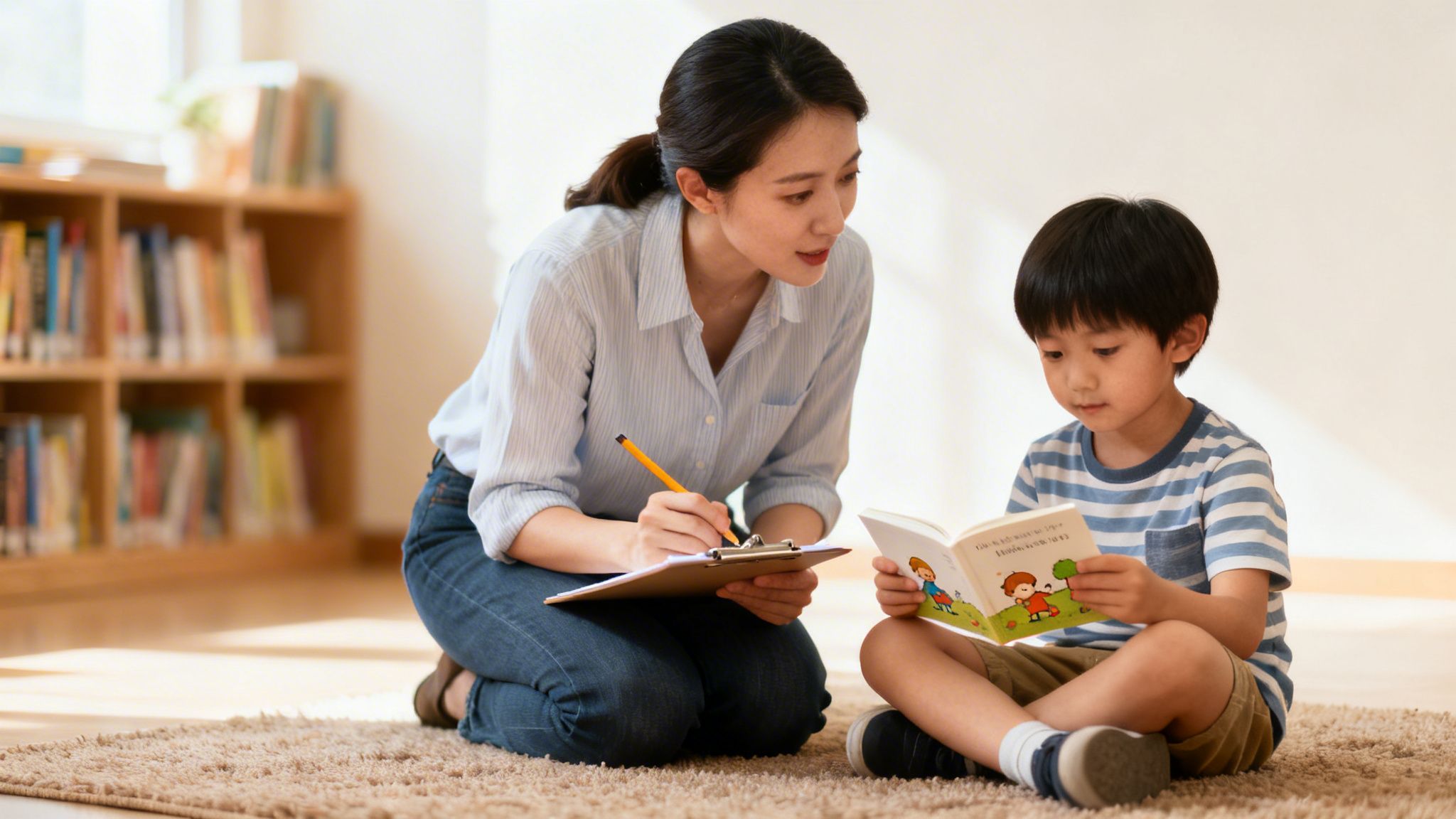 An Asian woman mentors a young Asian boy reading a picture book on a rug.