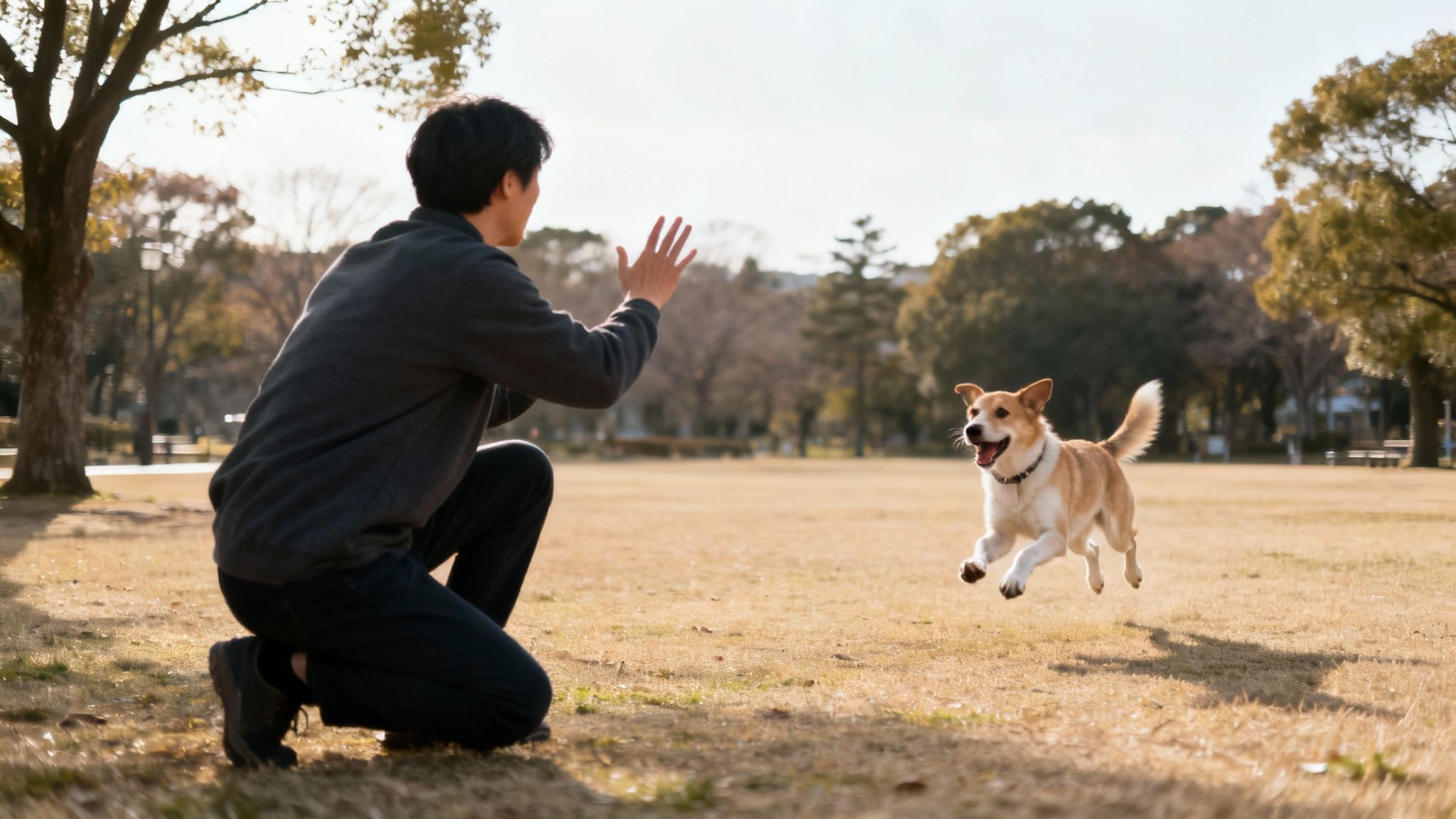 A happy Golden Retriever plays with a red toy in a sunny park.