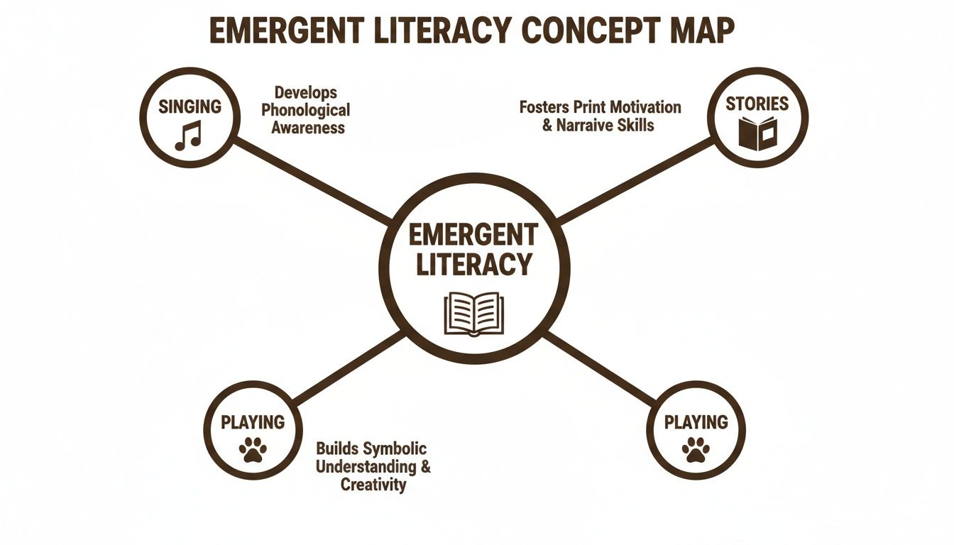 An emergent literacy concept map detailing how singing, stories, and playing foster key skills.