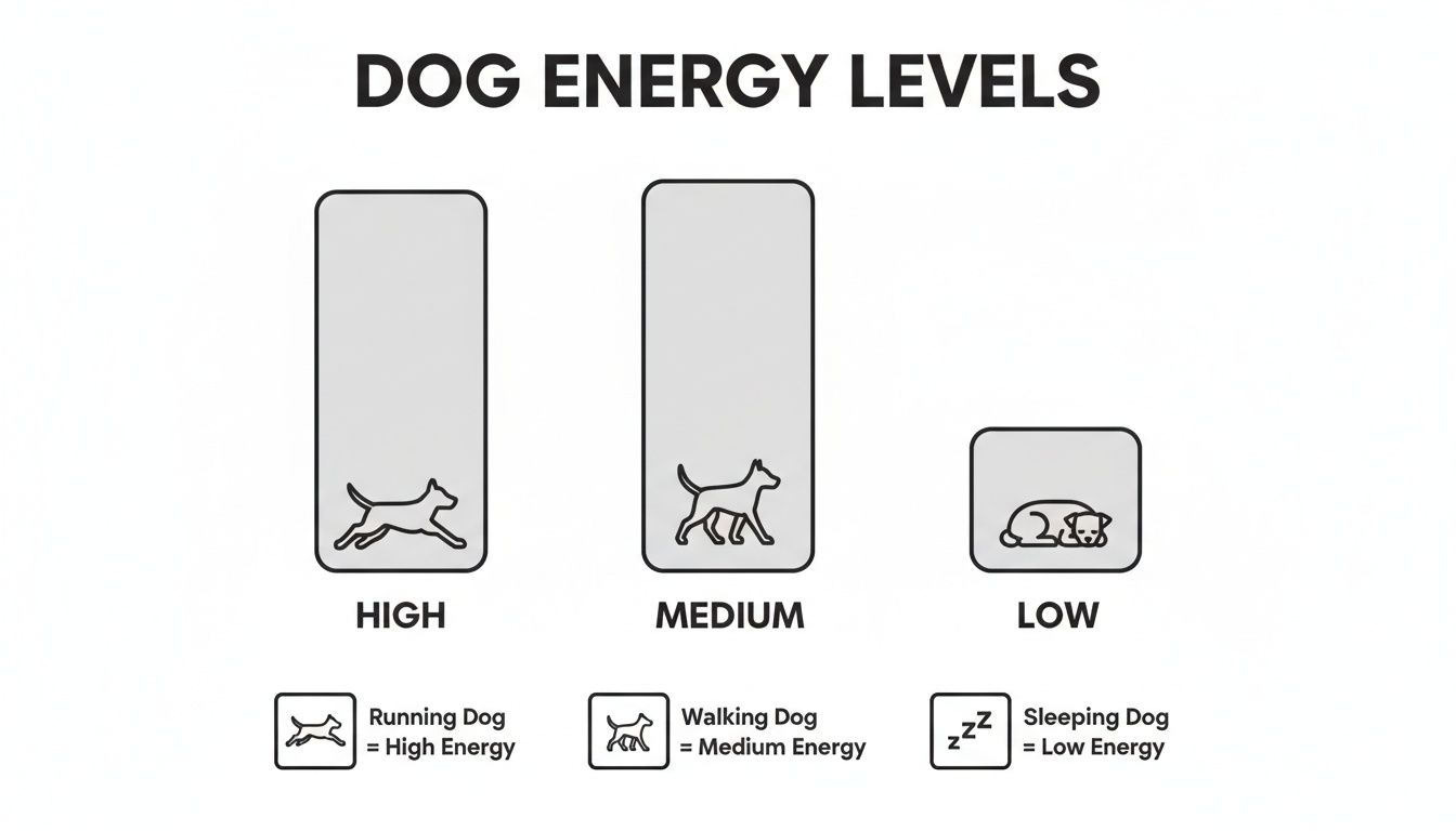 A chart illustrating dog energy levels, with icons for high (running), medium (walking), and low (sleeping) energy.