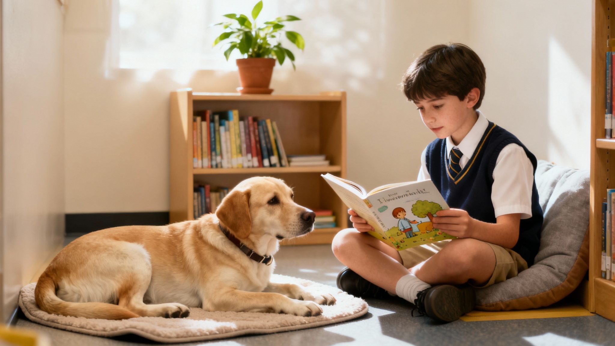 A young boy in a school uniform reads a book to a golden retriever dog in a sunny room.