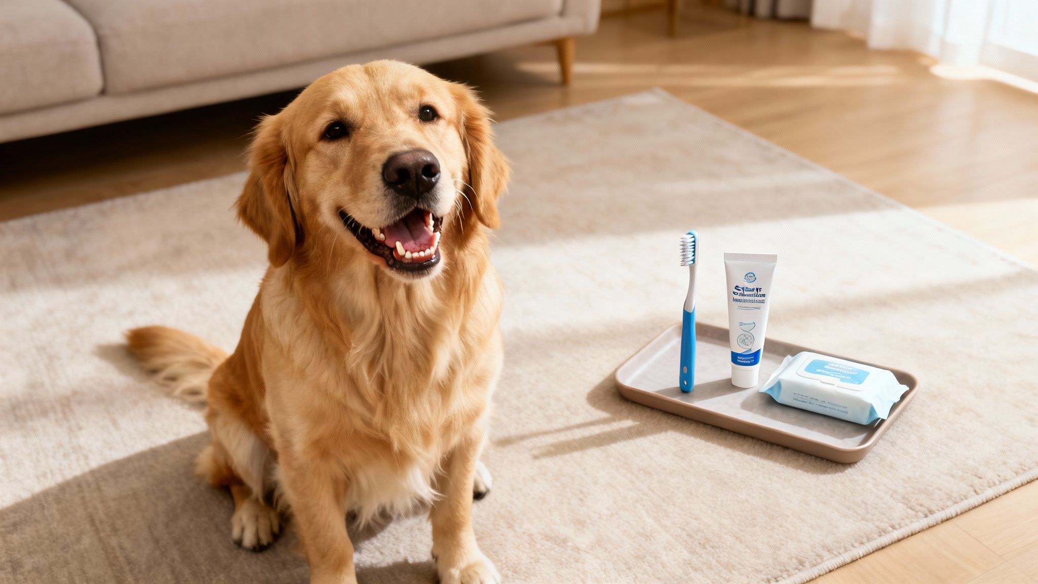 A happy golden retriever sits beside a tray with dog dental care products, including a toothbrush and toothpaste.