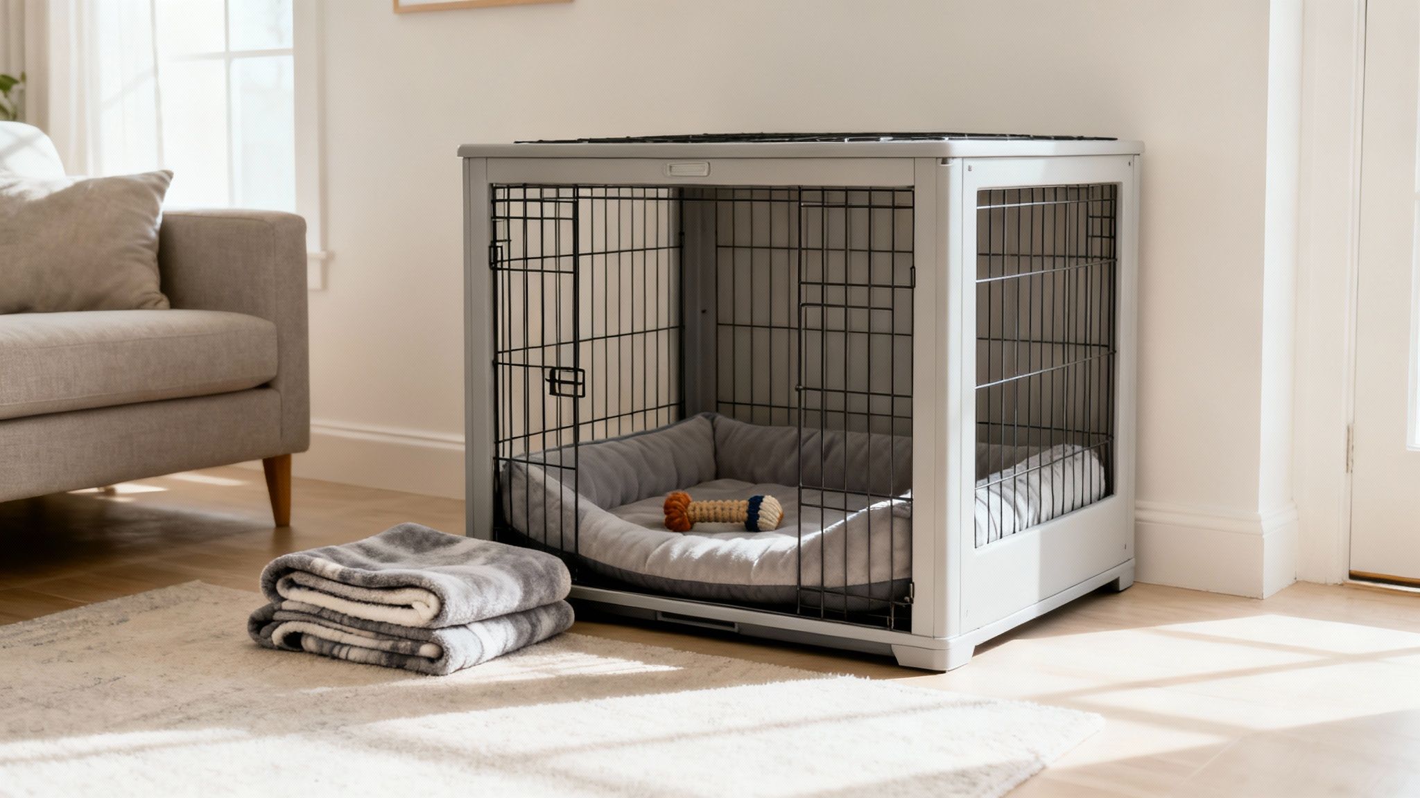 An older dog looking comfortable in a well-outfitted crate with a cozy bed and a toy.